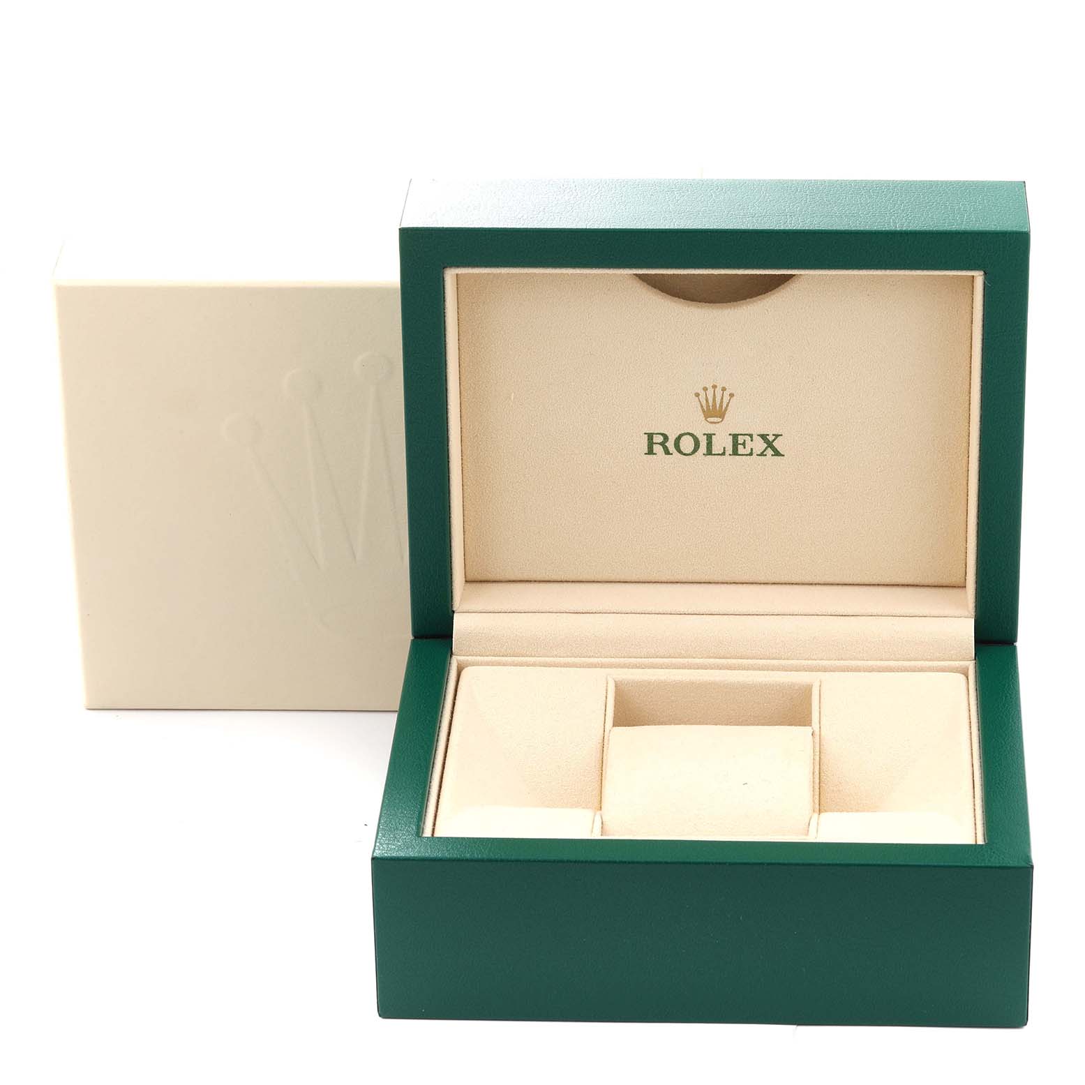 This image shows the open box for a Rolex Datejust 41 126334 Men's Stainless Steel Grey Dial 126334 Men's Stainless Steel Grey Dial watch, revealing the watch cushion and compartments inside.