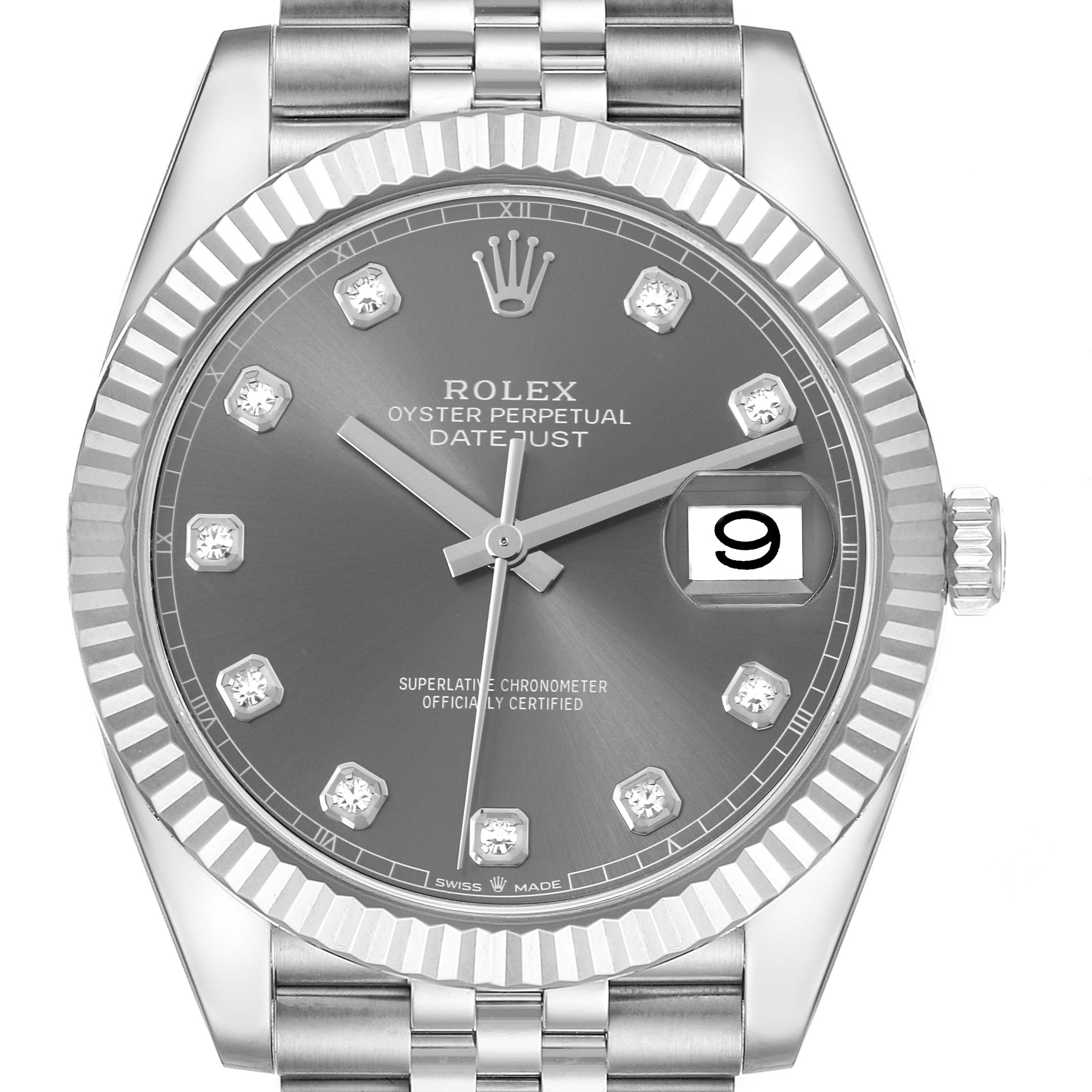 The image shows a front view of the Rolex Datejust 41 126334 Men's Stainless Steel Grey Dial 126334 Men's Stainless Steel Grey Dial watch, highlighting the dial, bezel, crown, and a part of the bracelet.