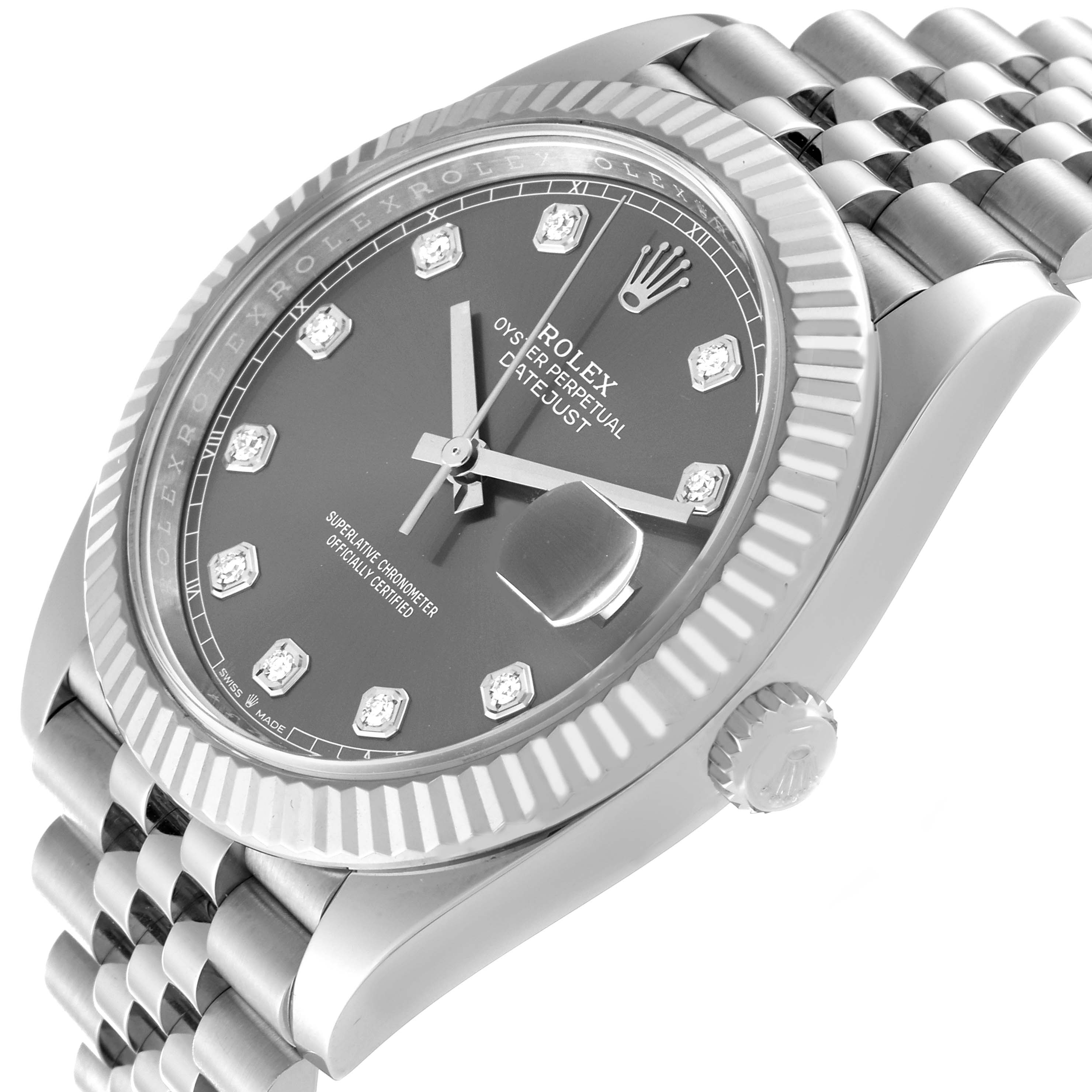 The image shows a Rolex Datejust 41 126334 Men's Stainless Steel Grey Dial 126334 Men's Stainless Steel Grey Dial watch from an angled side view, highlighting its face, fluted bezel, and part of the Jubilee bracelet.