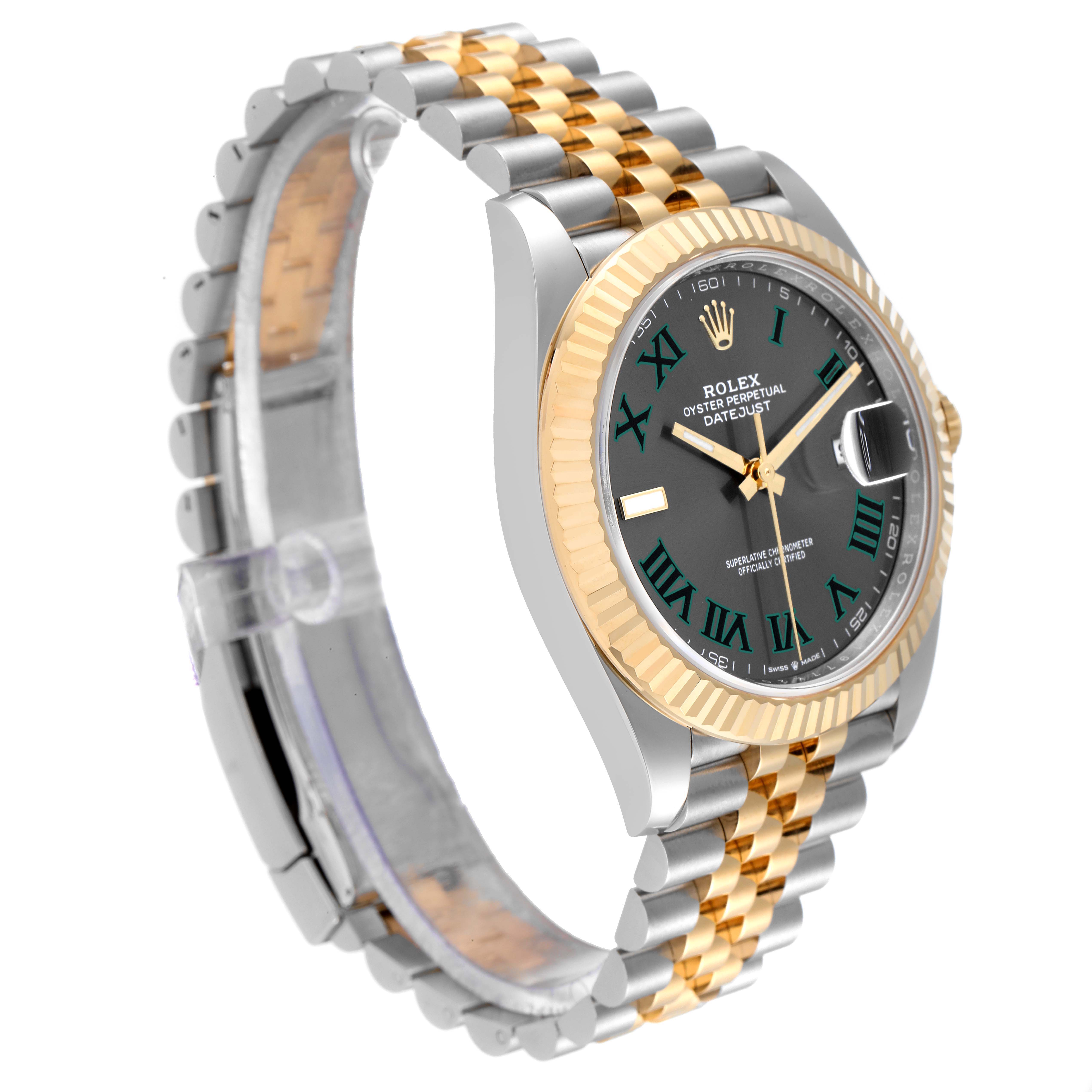 The image shows a side angle of a Rolex Datejust 41 126333 Men
s Steel and Gold (two tone) Grey Dial 126333 Men
s Steel and Gold (two tone) Grey Dial watch, highlighting its two-tone bracelet, fluted bezel, and black dial with Roman numerals.