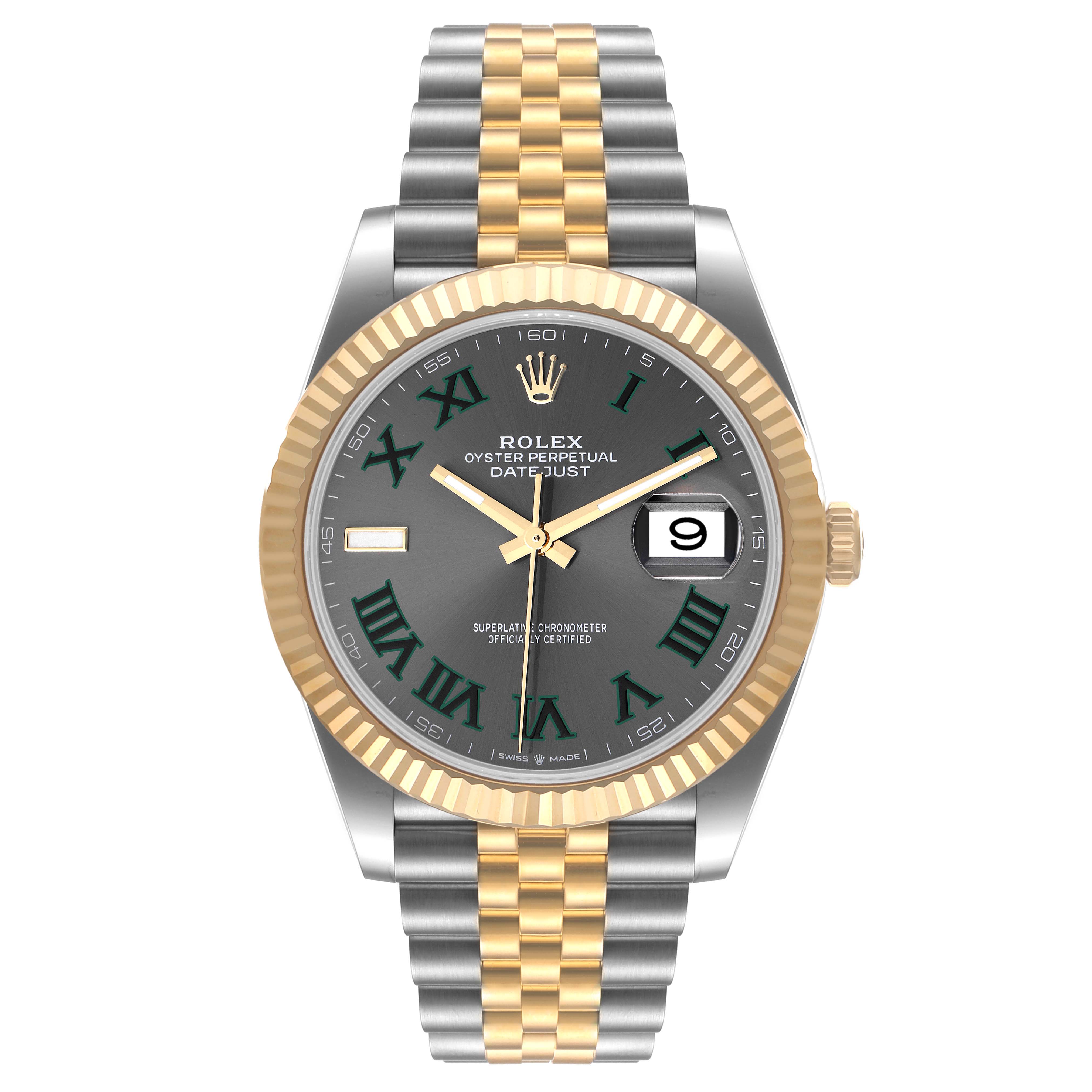 The image shows a front view of the Rolex Datejust 41 126333 Men
s Steel and Gold (two tone) Grey Dial 126333 Men
s Steel and Gold (two tone) Grey Dial watch with a two-tone bracelet and fluted bezel.
