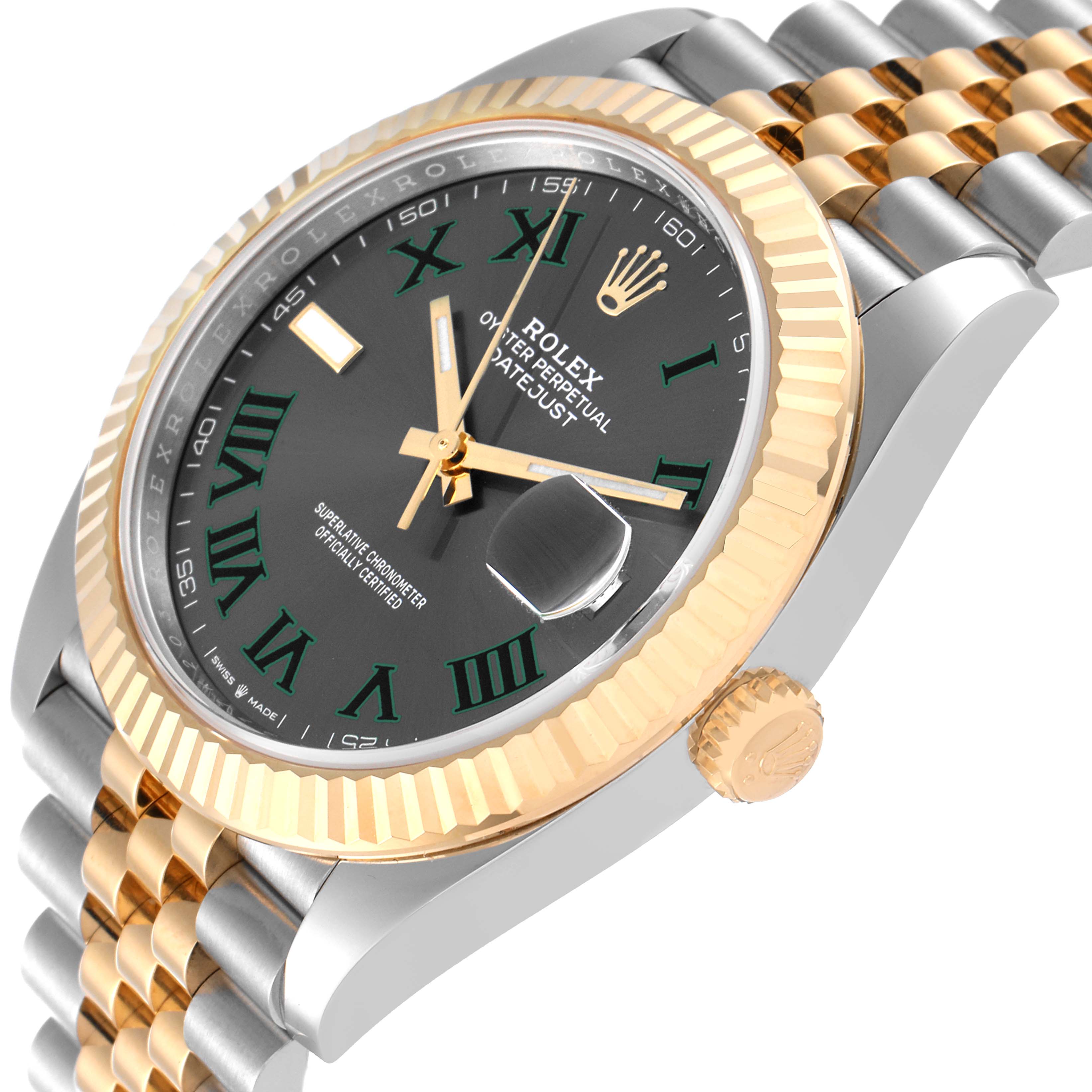 This image shows the Rolex Datejust 41 126333 Men
s Steel and Gold (two tone) Grey Dial 126333 Men
s Steel and Gold (two tone) Grey Dial watch at a three-quarter angle, highlighting the bezel, crown, dial, and part of the bracelet.