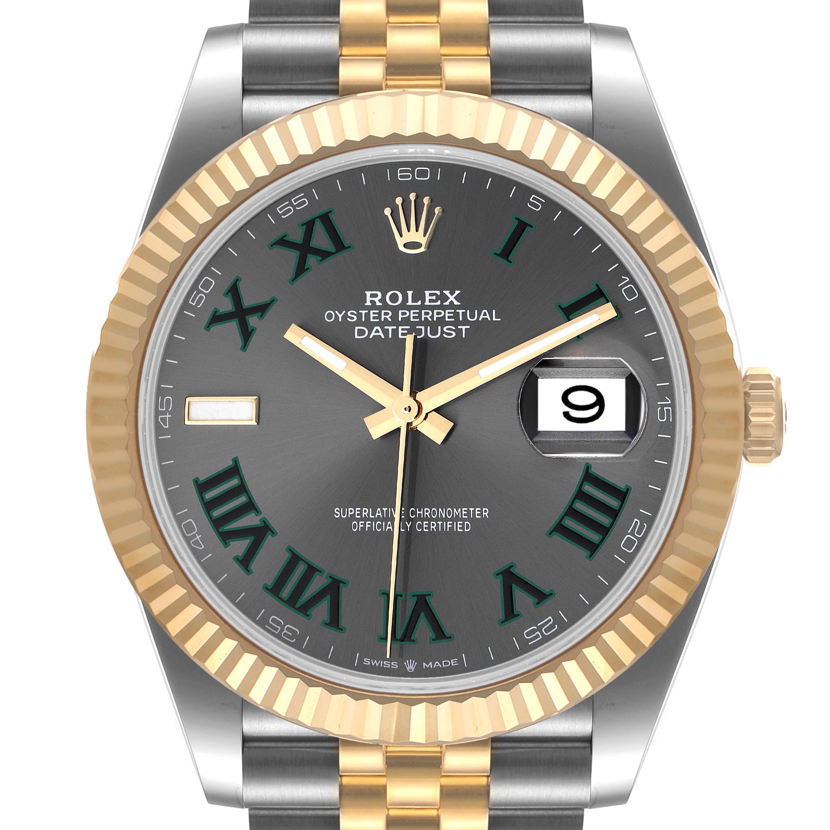 The image shows a front view of a Rolex Datejust 41 126333 Men
s Steel and Gold (two tone) Grey Dial 126333 Men
s Steel and Gold (two tone) Grey Dial watch, highlighting its gold and silver bracelet, fluted bezel, and grey dial with green Roman numerals.