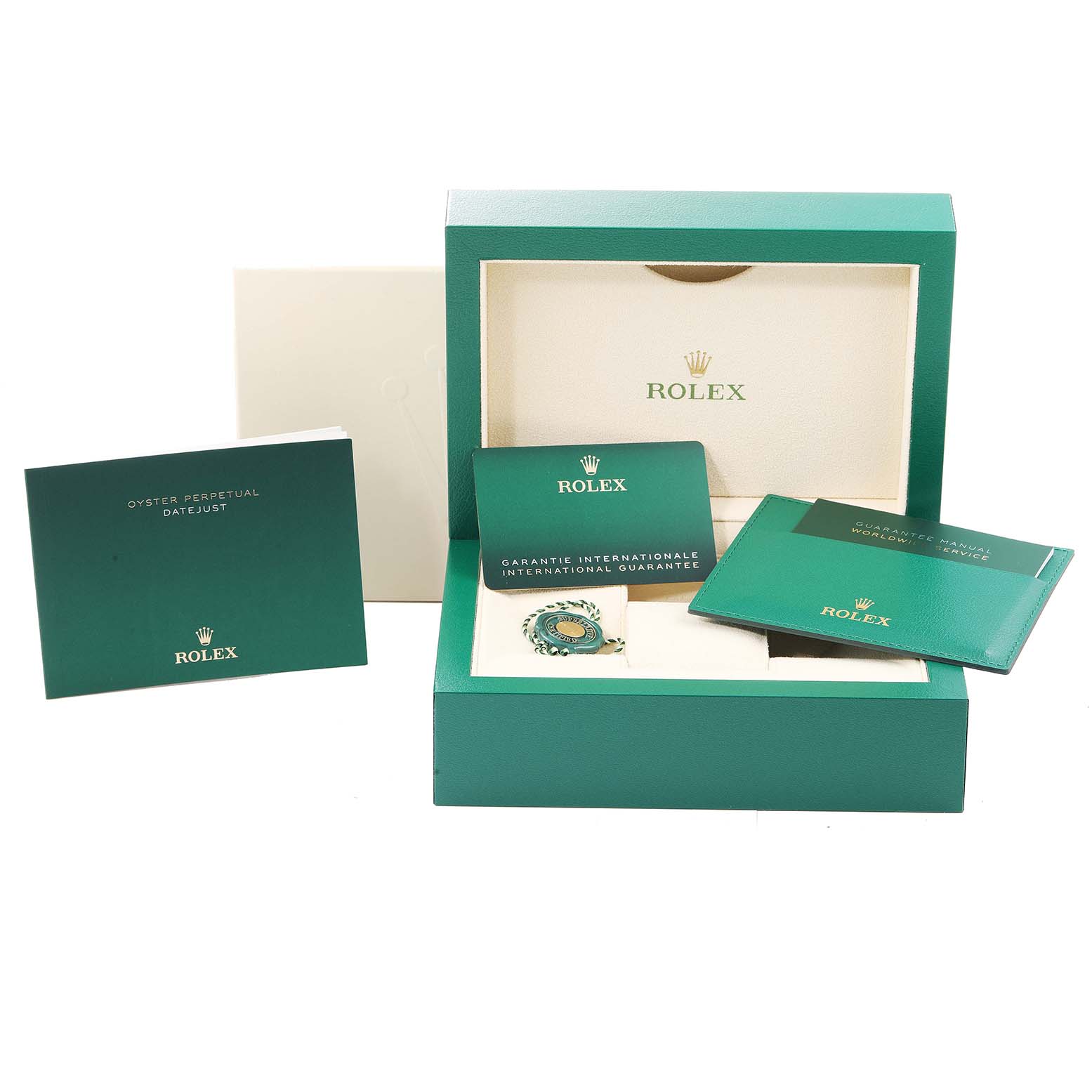 The image shows a Rolex Datejust 41 126333 Men
s Steel and Gold (two tone) Grey Dial 126333 Men
s Steel and Gold (two tone) Grey Dial box set with manuals, a guarantee card, and a tag in a green box.