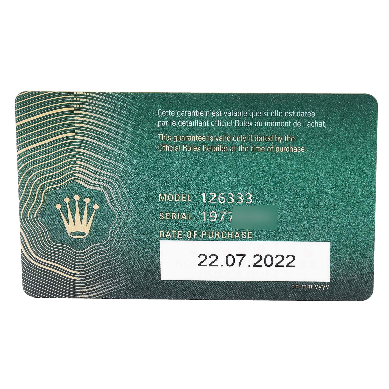 This image shows a warranty card for the Rolex Datejust 41 126333 Men
s Steel and Gold (two tone) Grey Dial 126333 Men
s Steel and Gold (two tone) Grey Dial model.