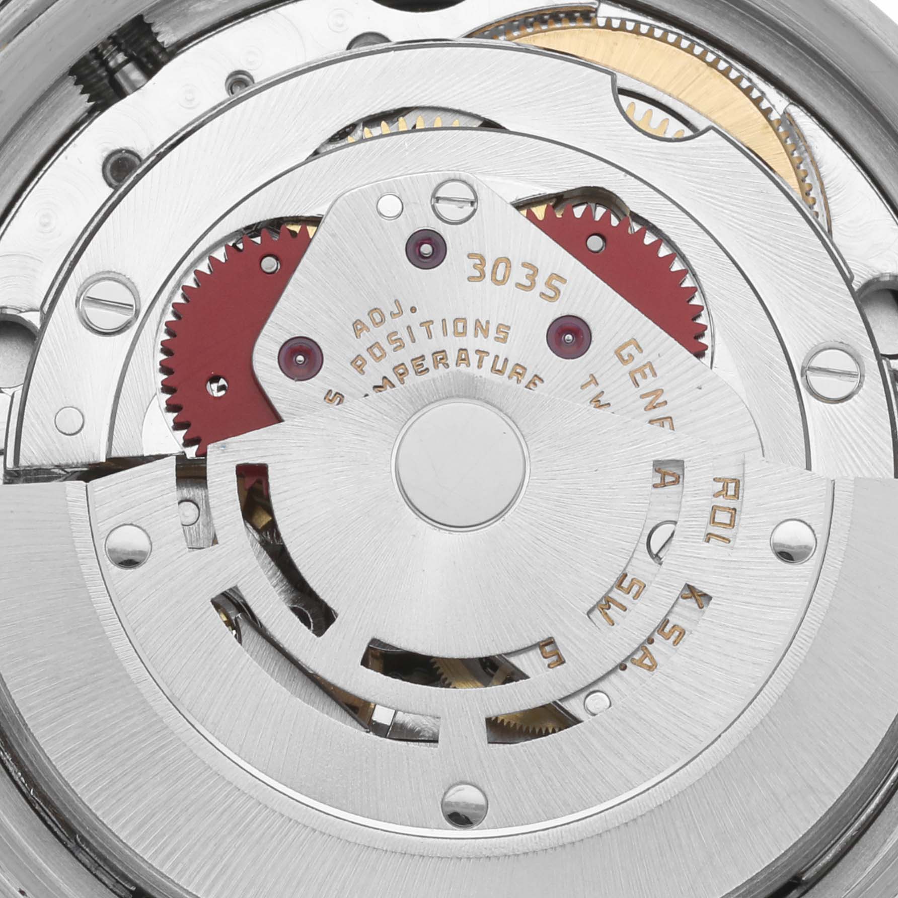 This is a close-up view of the movement mechanism inside a Rolex Datejust 16013 Men's Steel and Gold (two tone) Black Dial 16013 Men's Steel and Gold (two tone) Black Dial watch.