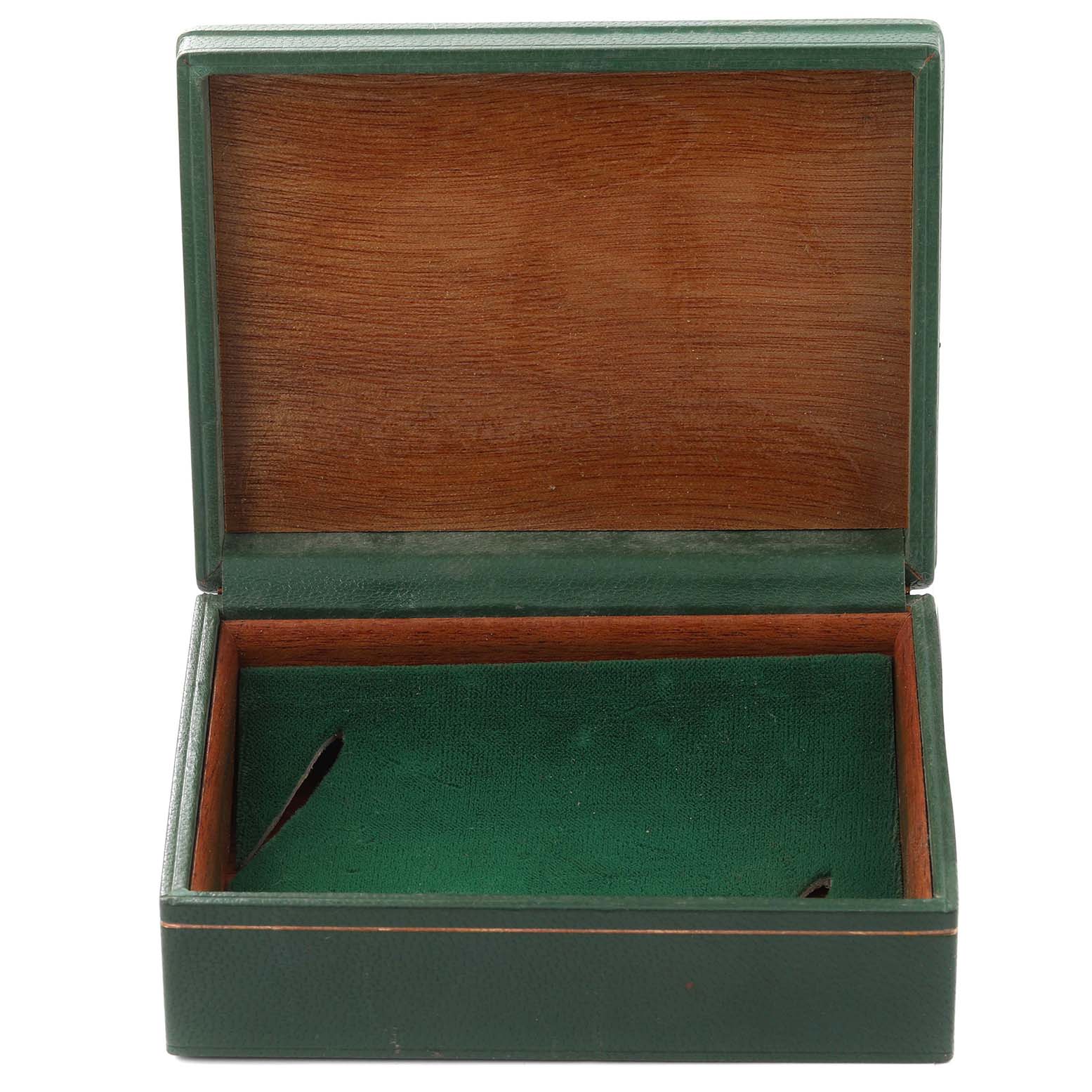 This image shows an open green leather Rolex Datejust 16013 Men's Steel and Gold (two tone) Black Dial 16013 Men's Steel and Gold (two tone) Black Dial watch box with a wooden interior.