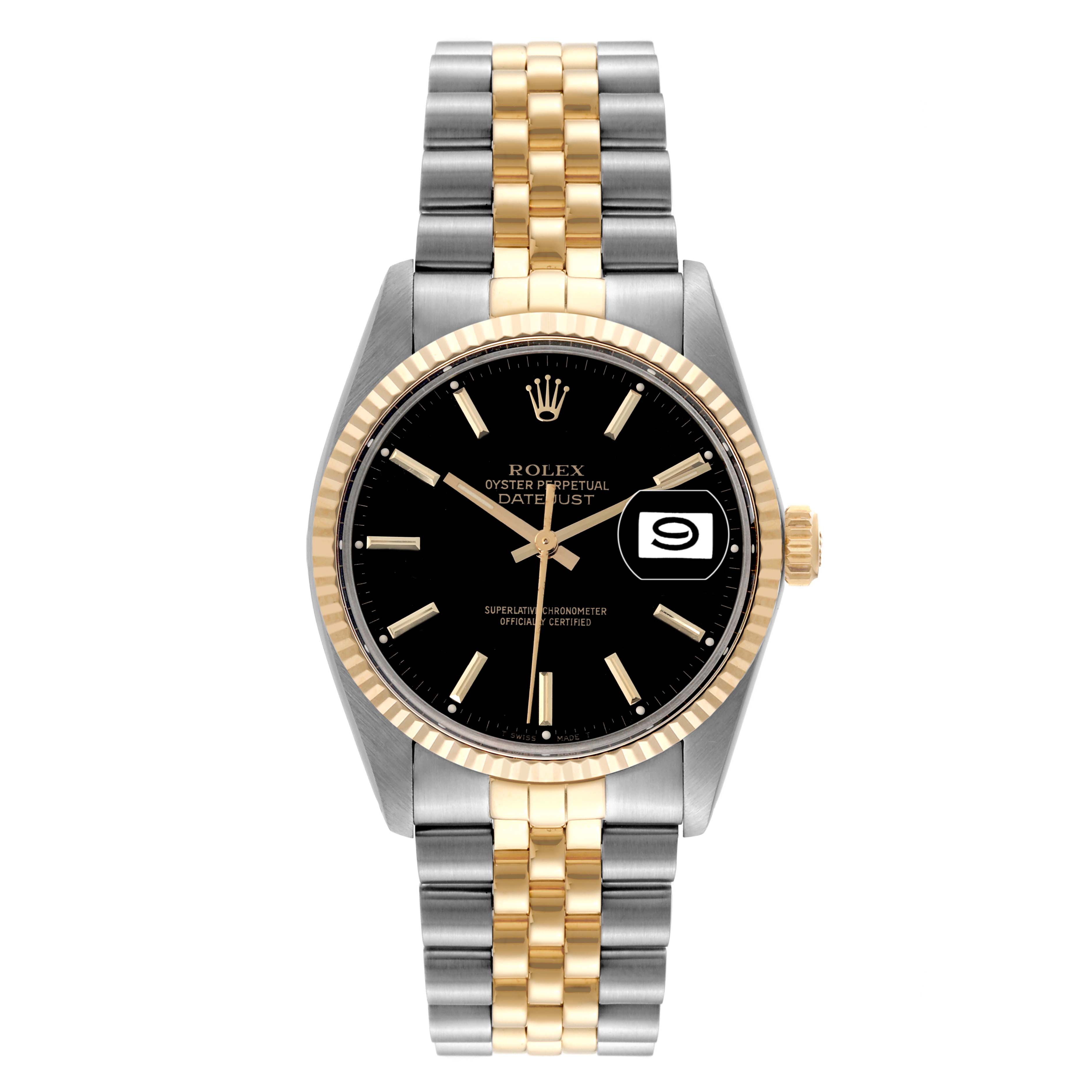 This image shows a frontal view of the Rolex Datejust 16013 Men's Steel and Gold (two tone) Black Dial 16013 Men's Steel and Gold (two tone) Black Dial watch, featuring a black dial, two-tone bracelet, and gold fluted bezel.
