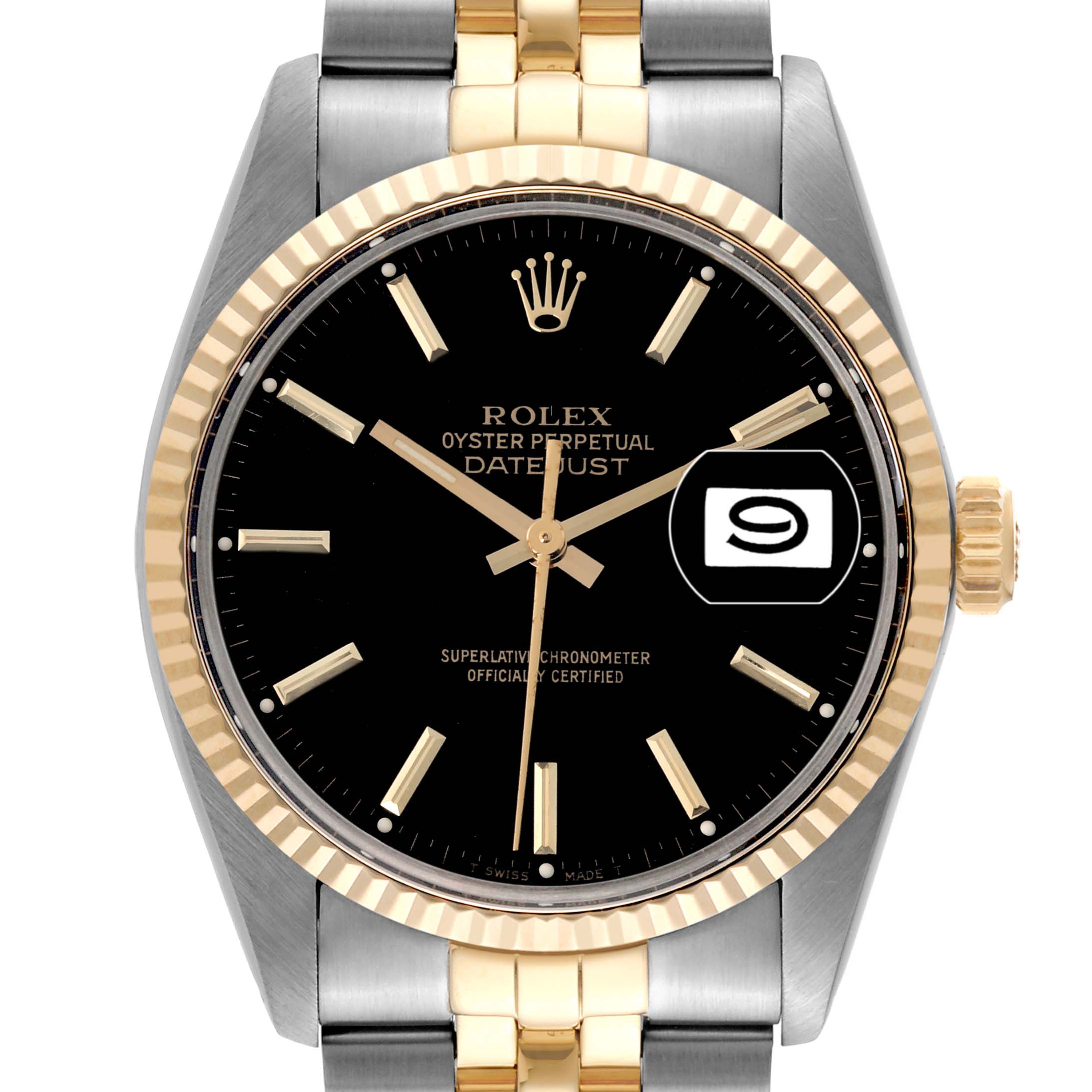 The Rolex Datejust 16013 Men's Steel and Gold (two tone) Black Dial 16013 Men's Steel and Gold (two tone) Black Dial watch is shown from a front angle, highlighting its black dial, gold hands, and two-tone bracelet.