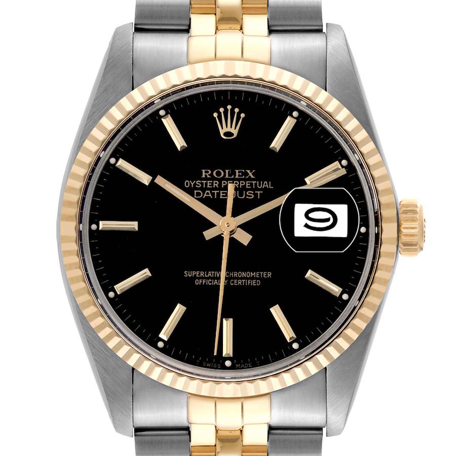 Rolex Datejust Black Dial Steel Yellow Gold Vintage Mens Watch 16013 SwissWatchExpo