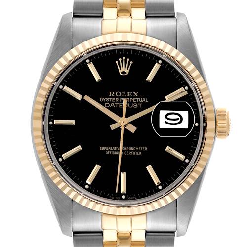 This is a front view of a Rolex Datejust watch, showing the dial, bezel, bracelet, and crown.