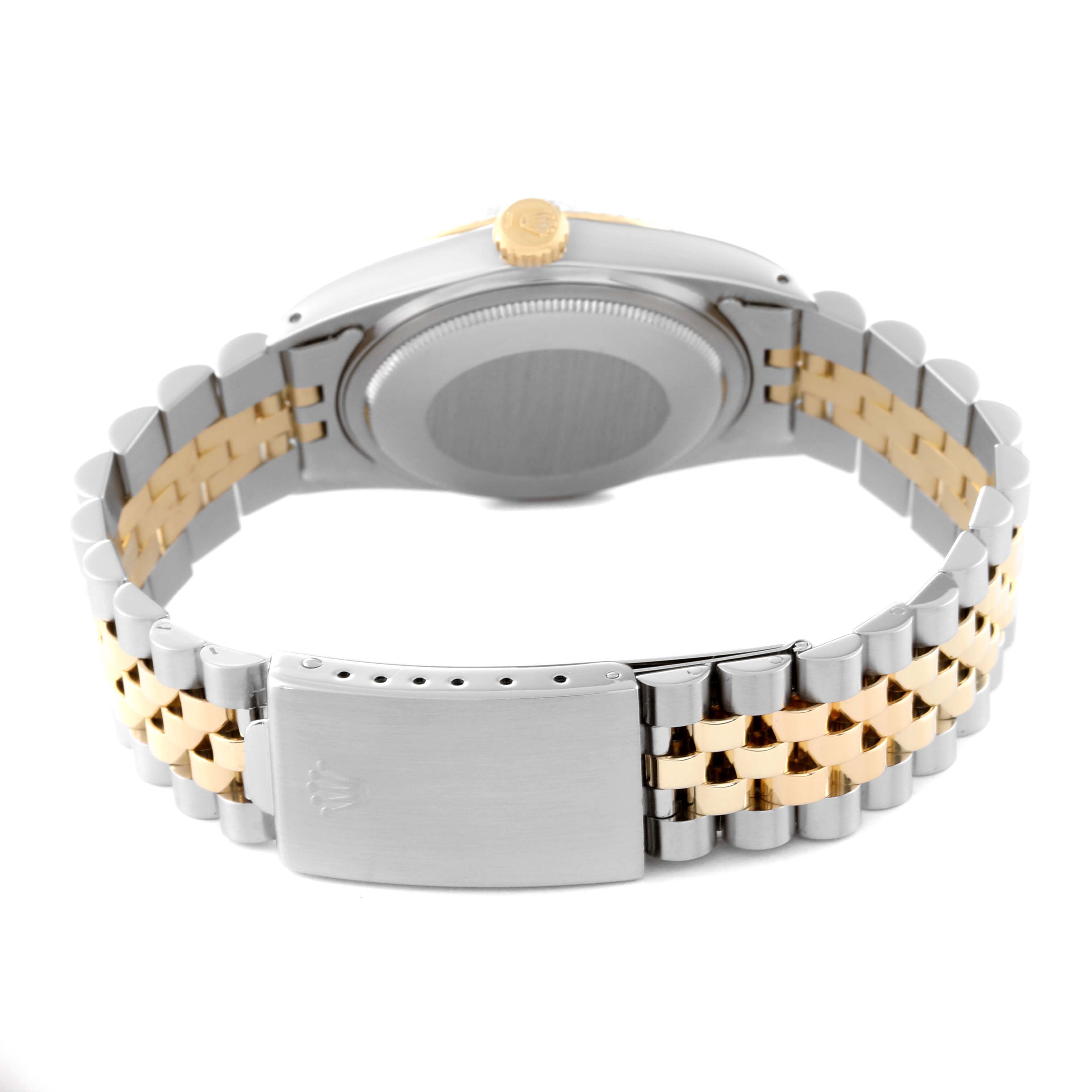 The image shows the back view of a Rolex Datejust 16013 Men's Steel and Gold (two tone) Black Dial 16013 Men's Steel and Gold (two tone) Black Dial, highlighting its clasp, bracelet, and case back.