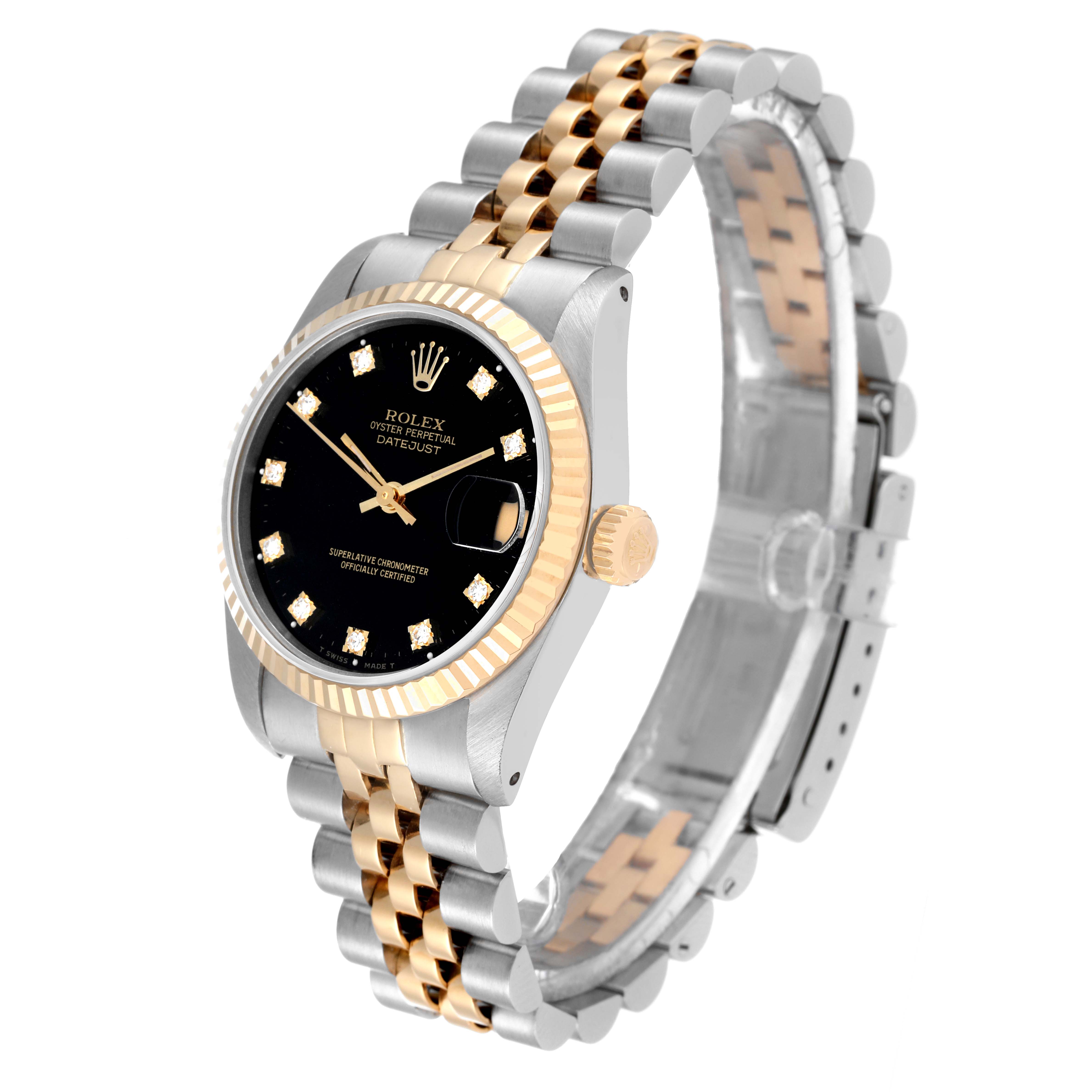 The image shows a Rolex Mid-Size 68273 Women's Steel and Gold (two tone) Black Dial 68273 Women's Steel and Gold (two tone) Black Dial Datejust watch from an angled side view, highlighting the dial, bezel, crown, and bracelet.