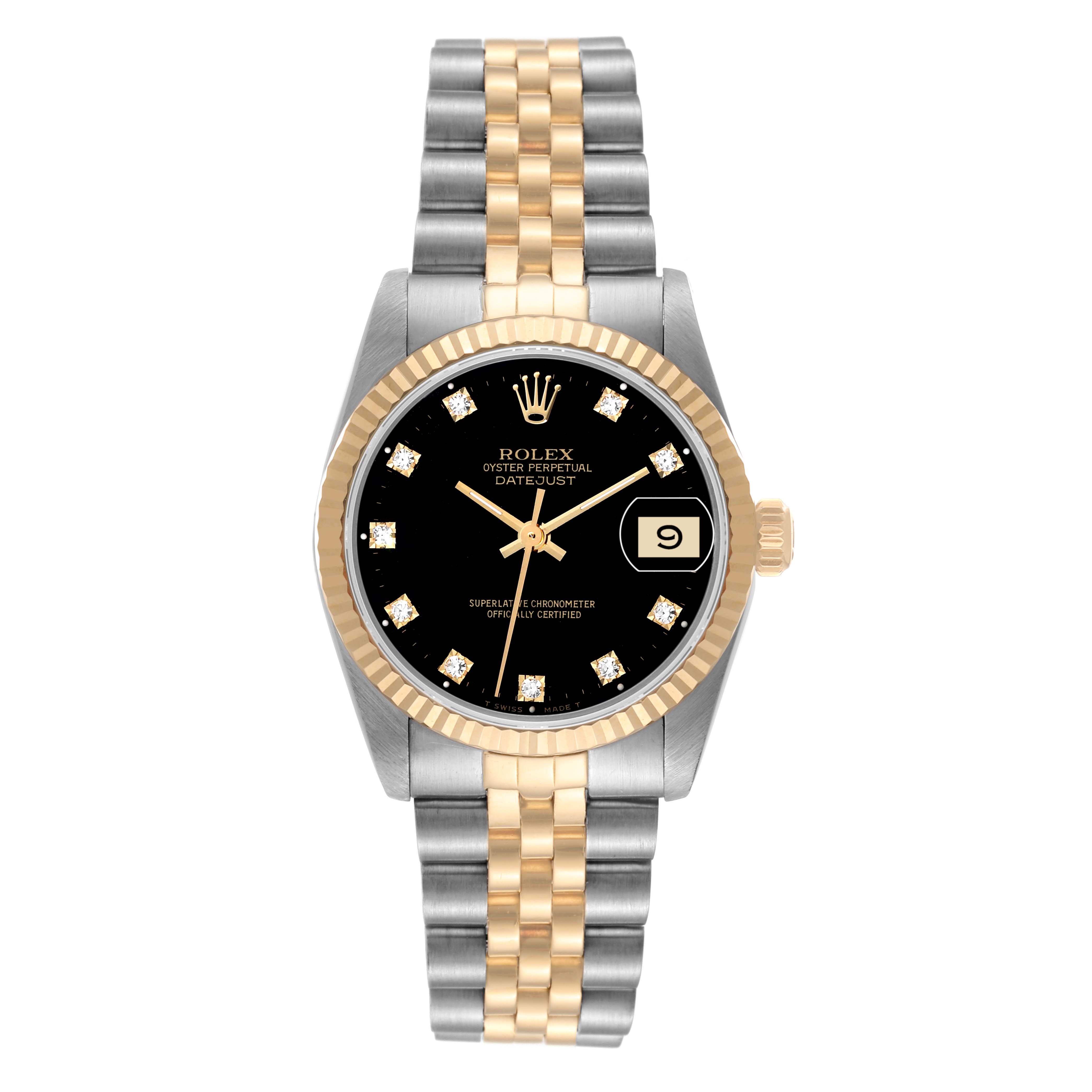 This is a front view of the Rolex Datejust Mid-Size watch showing the face, bezel, and bracelet.