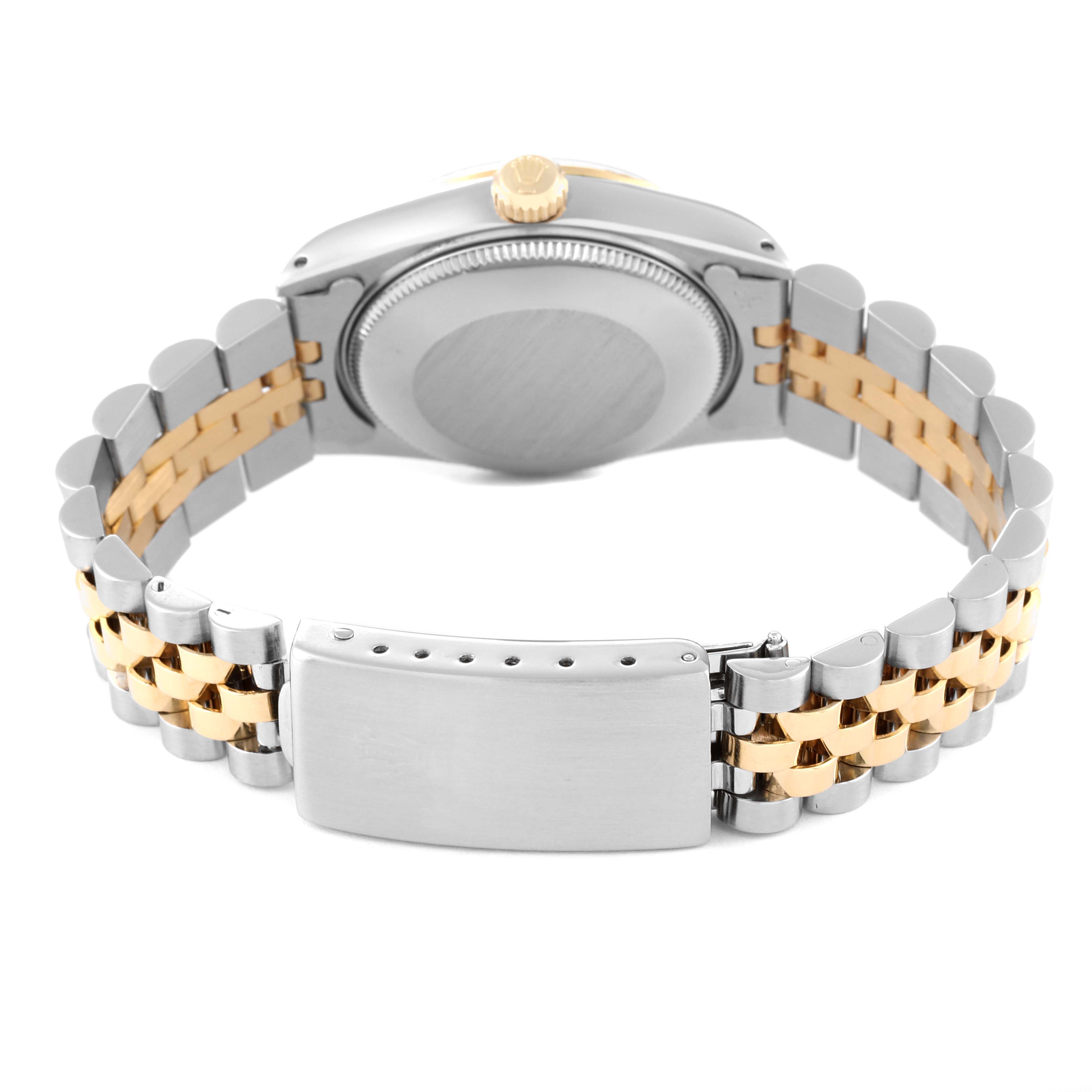 This image shows the back view of a Rolex Mid-Size 68273 Women's Steel and Gold (two tone) Black Dial 68273 Women's Steel and Gold (two tone) Black Dial watch, highlighting the case back, bracelet, and clasp.