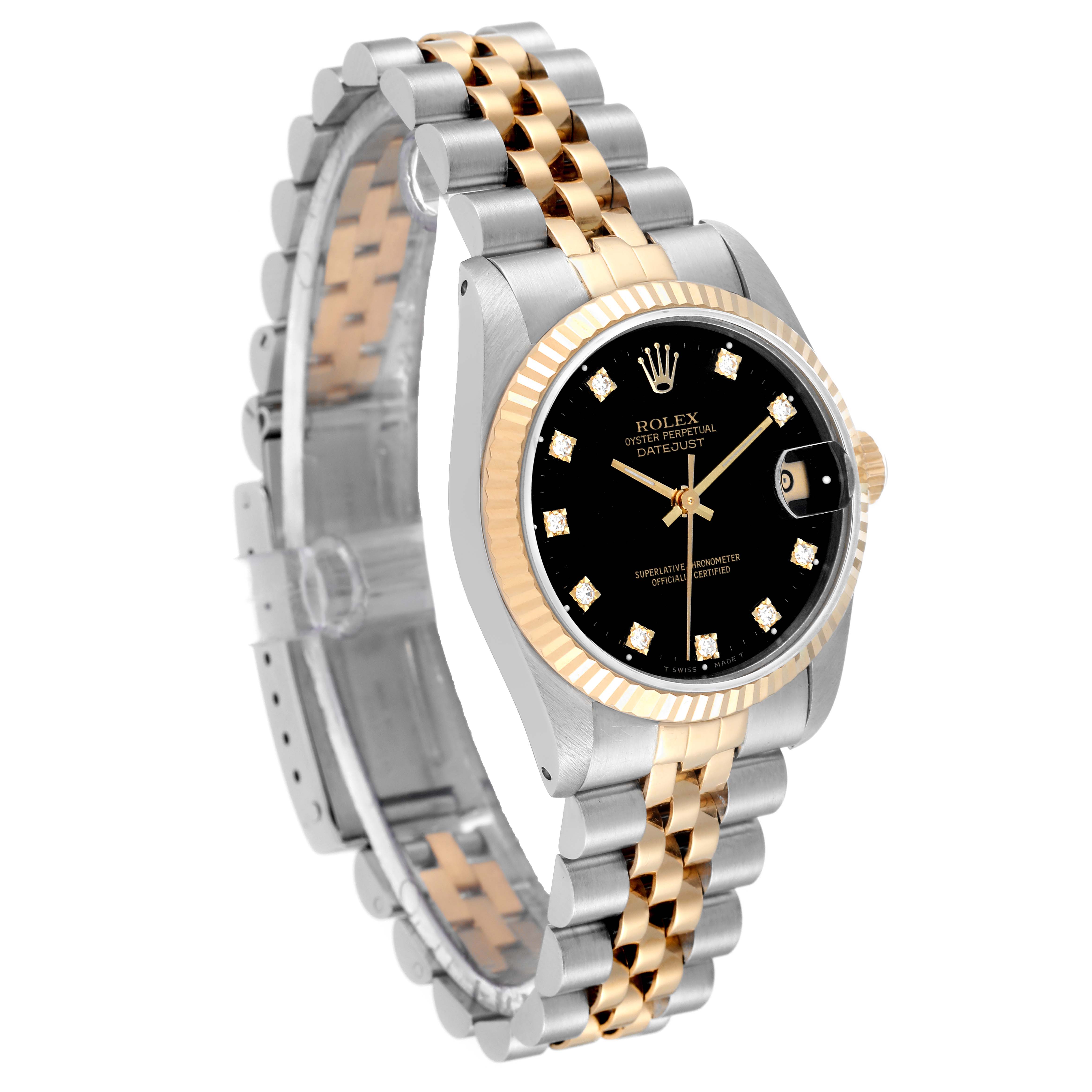 This image shows a Rolex Mid-Size 68273 Women's Steel and Gold (two tone) Black Dial 68273 Women's Steel and Gold (two tone) Black Dial Datejust watch with a black dial, diamond hour markers, and a two-tone Jubilee bracelet at a slight angle.