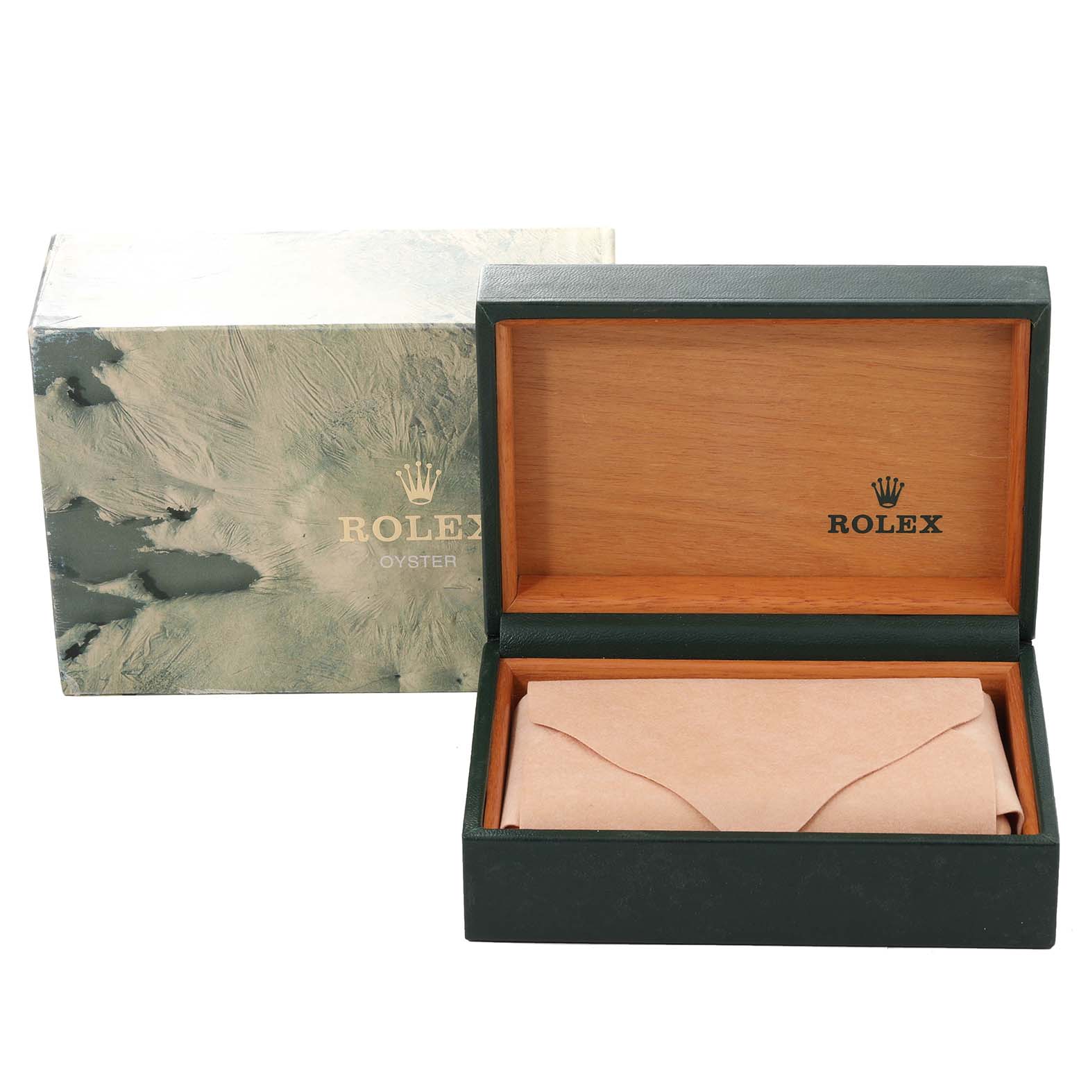 The image shows an open Rolex watch box for the Mid-Size model, revealing its interior and an outer protective box.