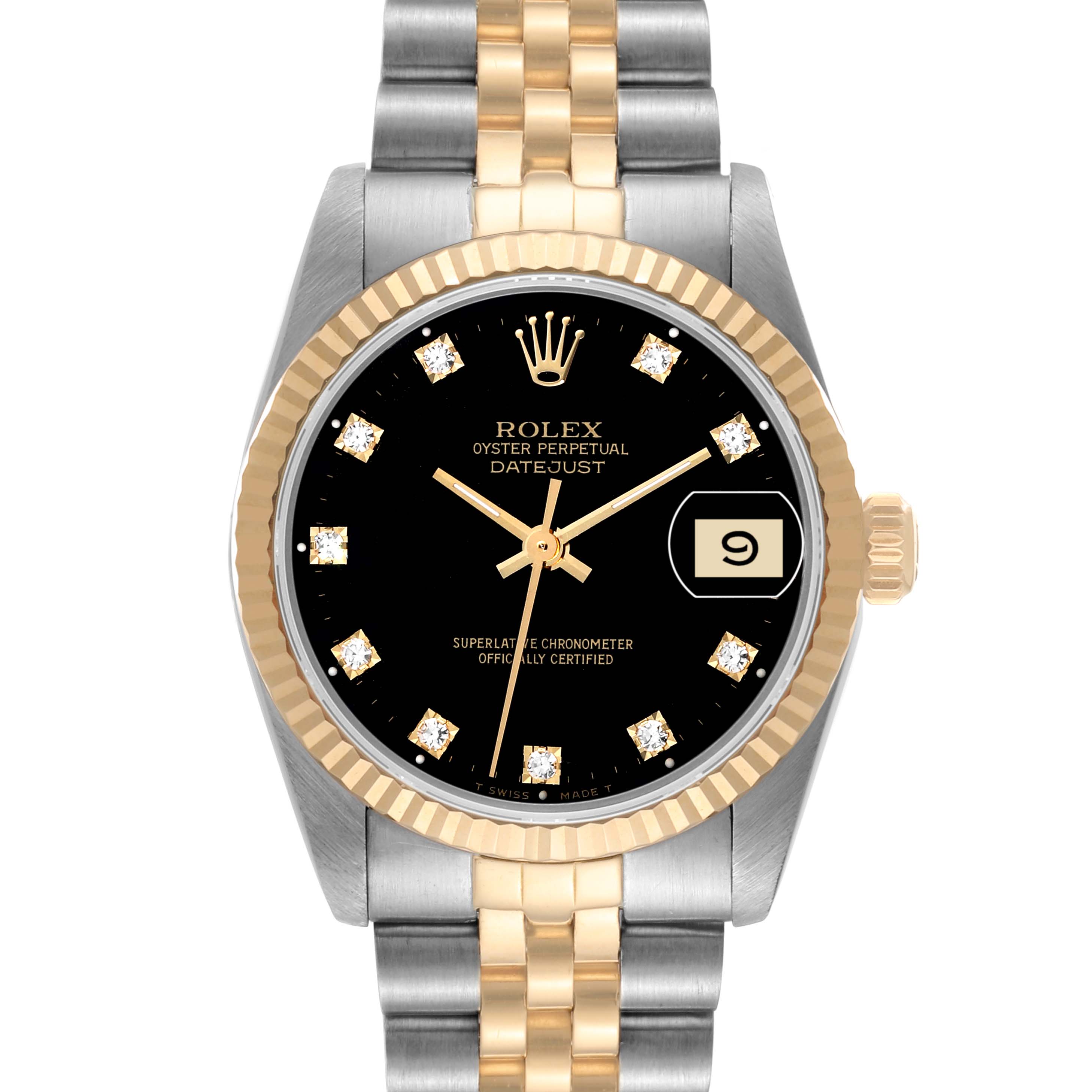 The image shows a front view of the Rolex Mid-Size 68273 Women's Steel and Gold (two tone) Black Dial 68273 Women's Steel and Gold (two tone) Black Dial Datejust watch featuring a two-tone bracelet and a black dial with diamond hour markers.