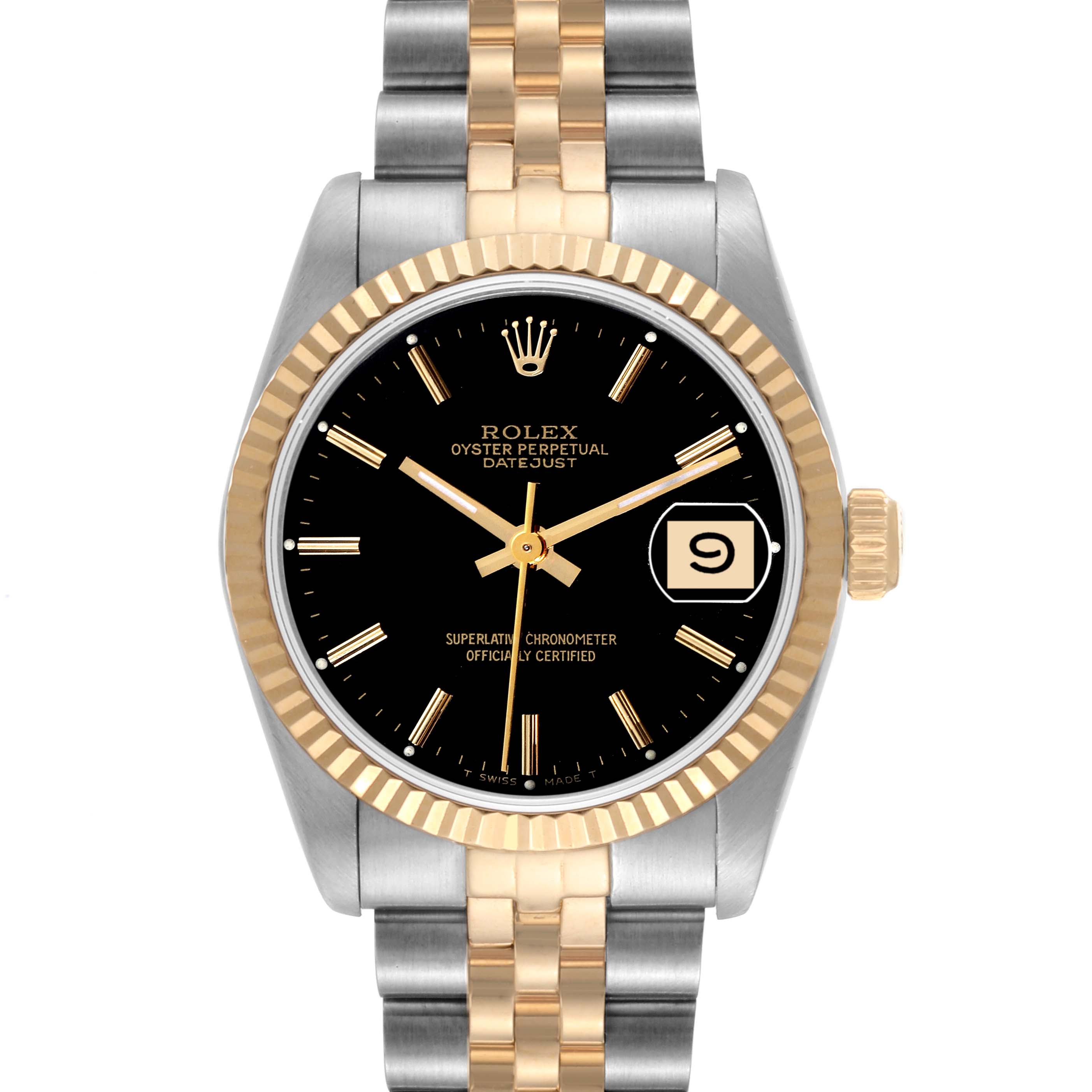 This is a front view of a Rolex Oyster Perpetual Datejust Mid-Size watch, showing the dial, bezel, crown, and part of the bracelet.