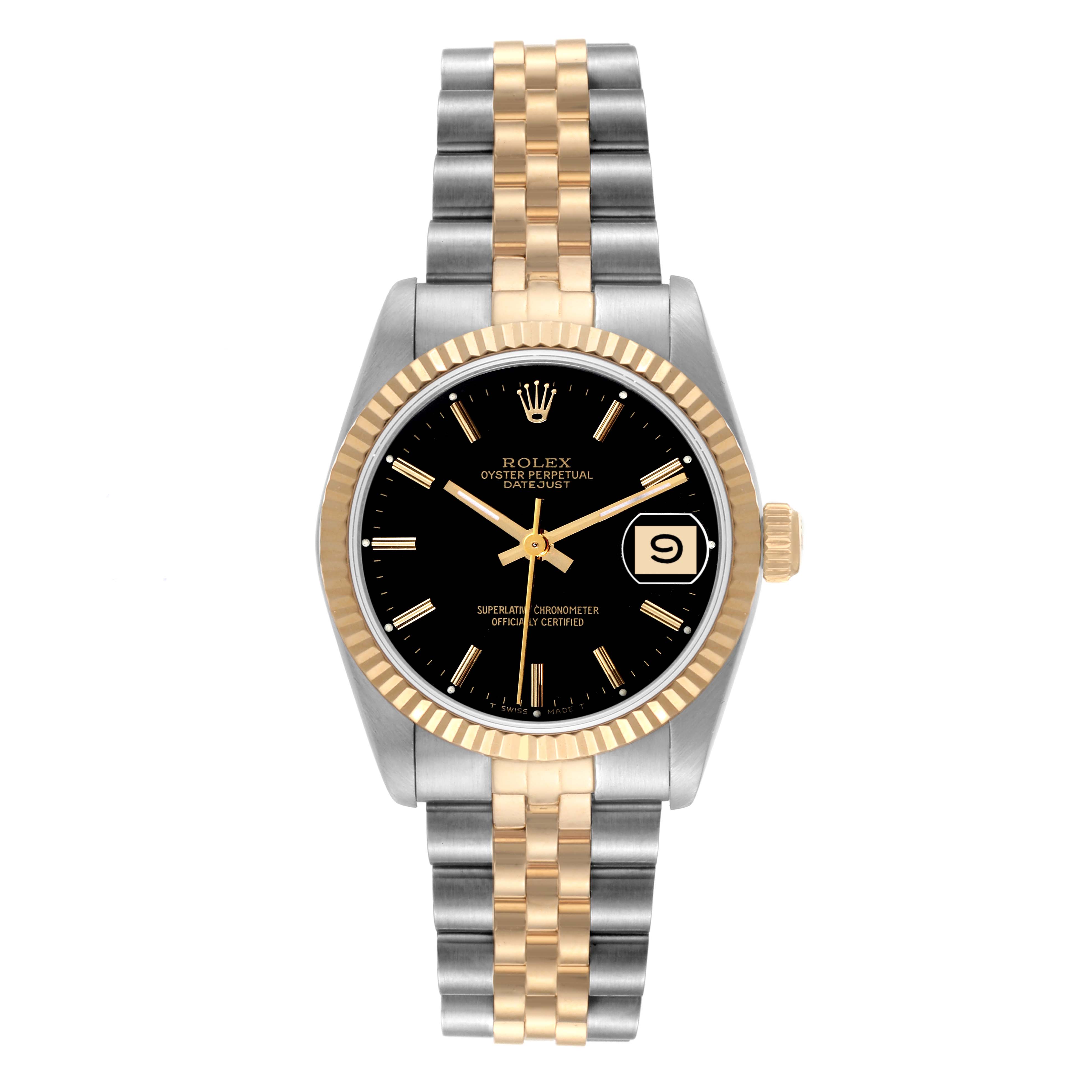The image shows a Rolex Mid-Size 68273 Women
s Steel and Gold (two tone) Black Dial 68273 Women
s Steel and Gold (two tone) Black Dial model watch from the front, highlighting its black dial, date window, and two-tone metal bracelet.