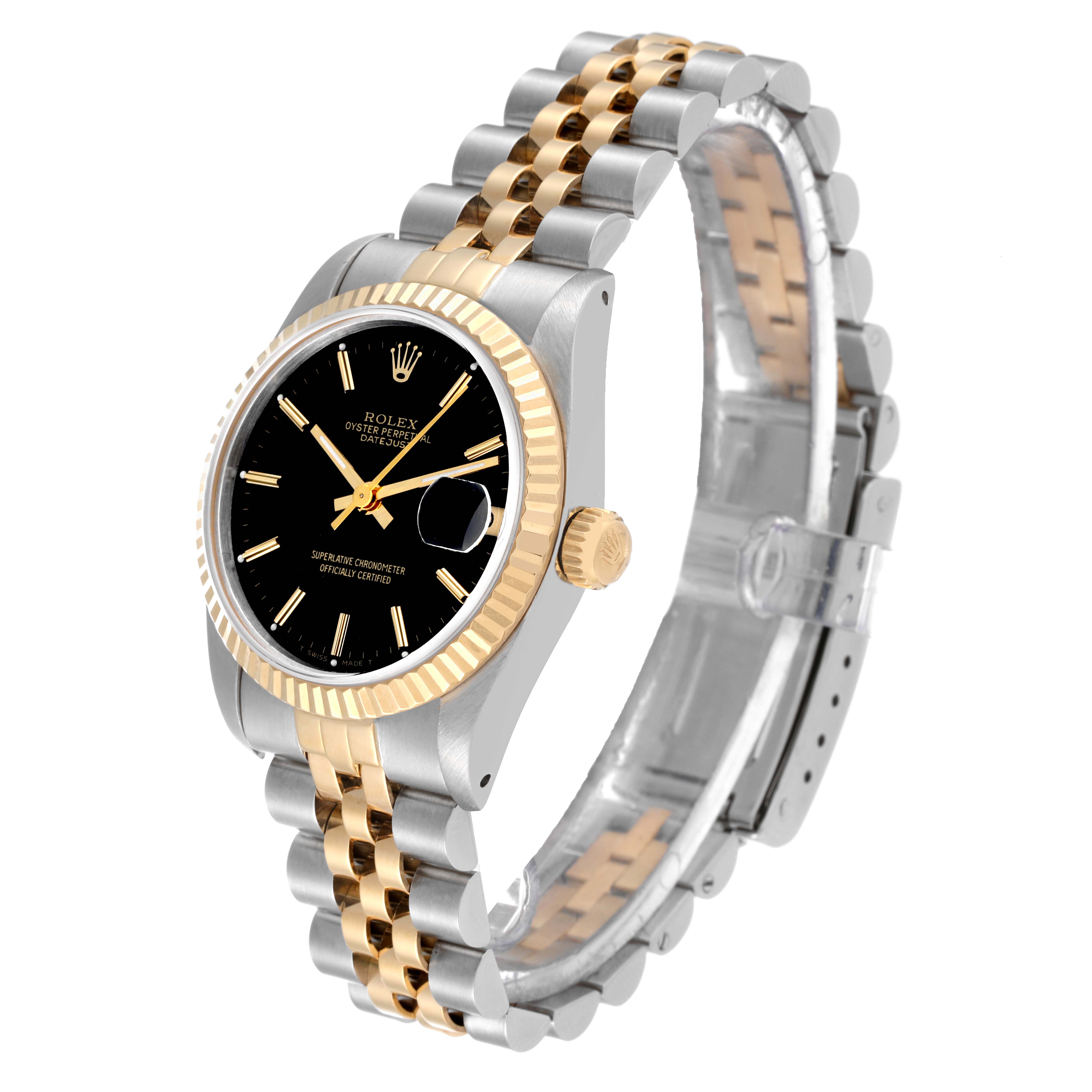 The image shows a Rolex Mid-Size 68273 Women
s Steel and Gold (two tone) Black Dial 68273 Women
s Steel and Gold (two tone) Black Dial model watch from a side angle, highlighting its two-tone band, black dial, and gold fluted bezel.