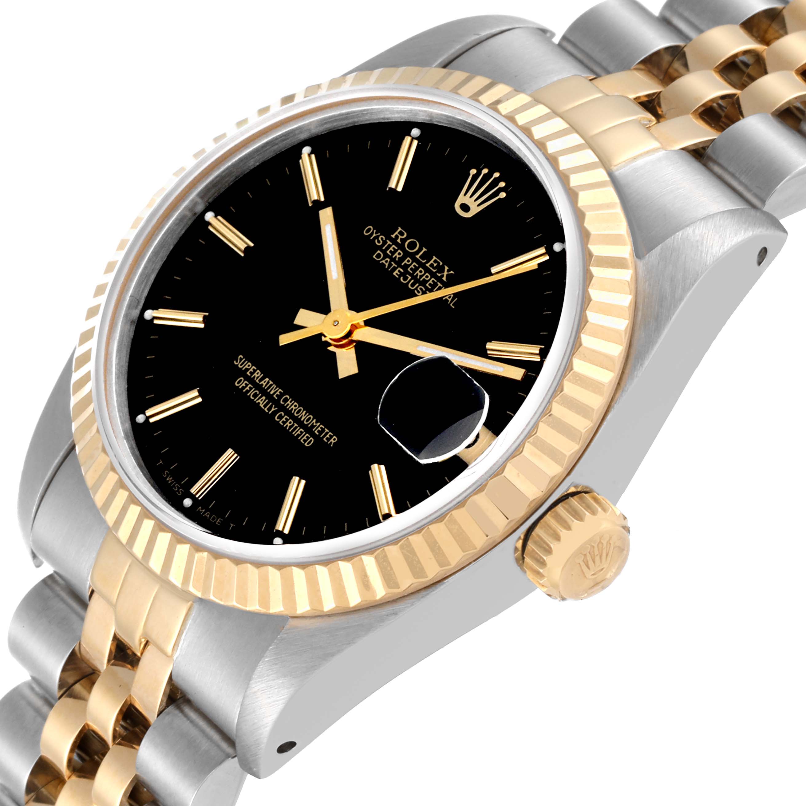This image shows a close-up of a Rolex Oyster Perpetual Datejust Mid-Size watch, highlighting the dial, bezel, and crown.