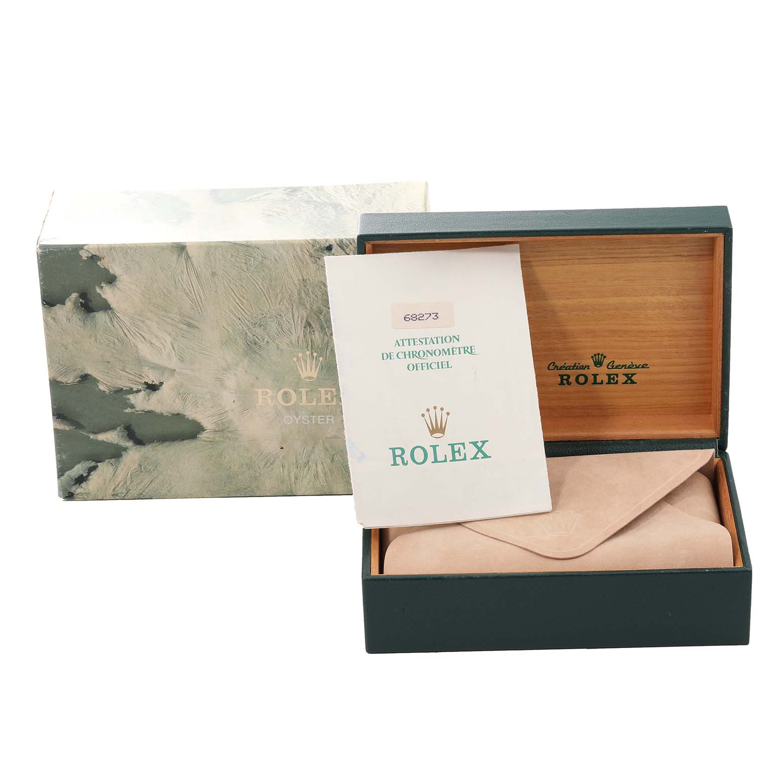 The image shows the box and warranty card for a Mid-Size Rolex watch with a closed watch case.
