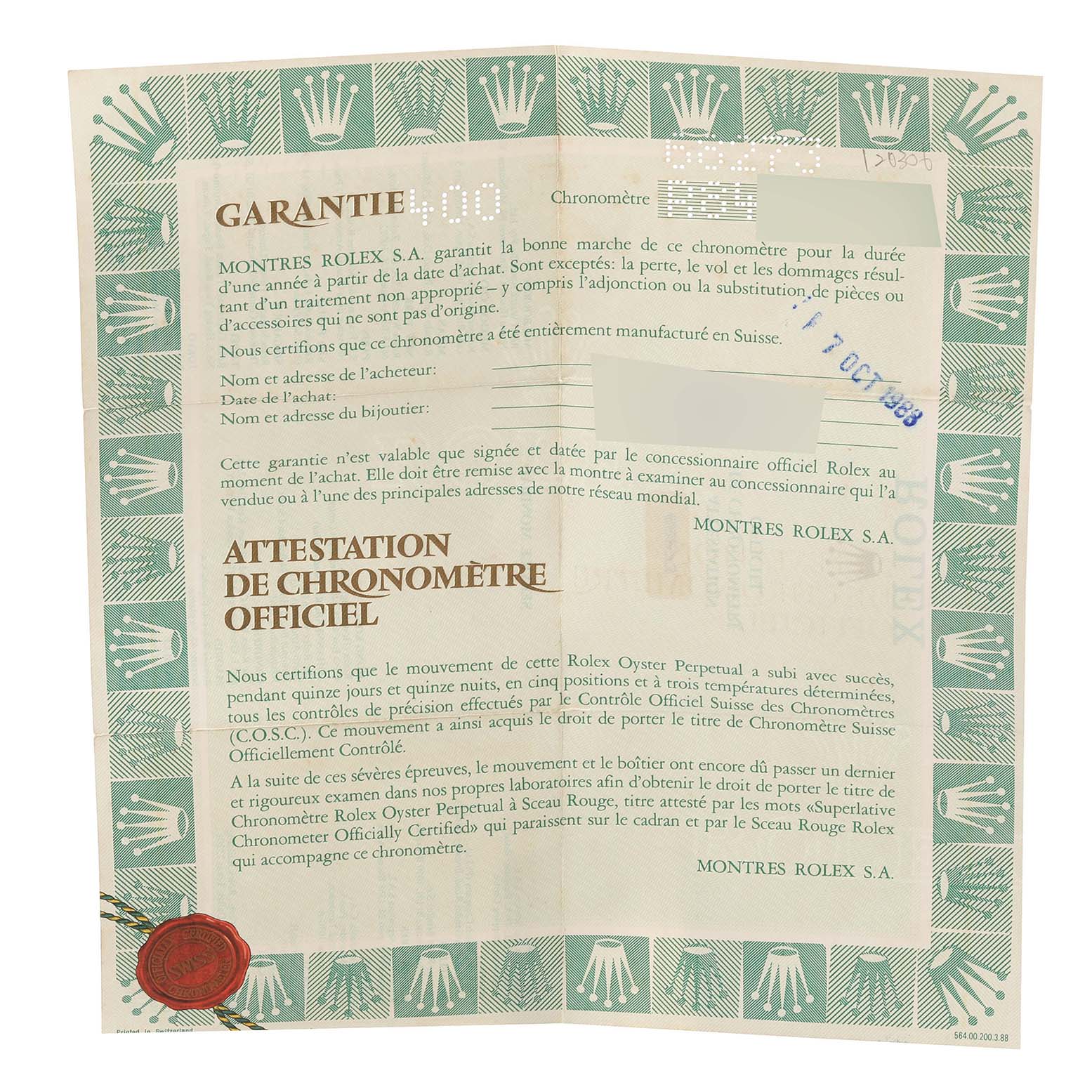 The image shows the official chronometer certification and warranty document for a Rolex Mid-Size 68273 Women
s Steel and Gold (two tone) Black Dial 68273 Women
s Steel and Gold (two tone) Black Dial model watch.