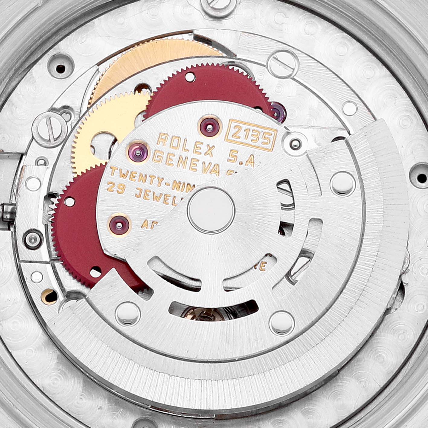 The image shows the inner mechanical movement components of a Rolex Mid-Size 68273 Women
s Steel and Gold (two tone) Black Dial 68273 Women
s Steel and Gold (two tone) Black Dial watch, model 2135, viewed from the back.