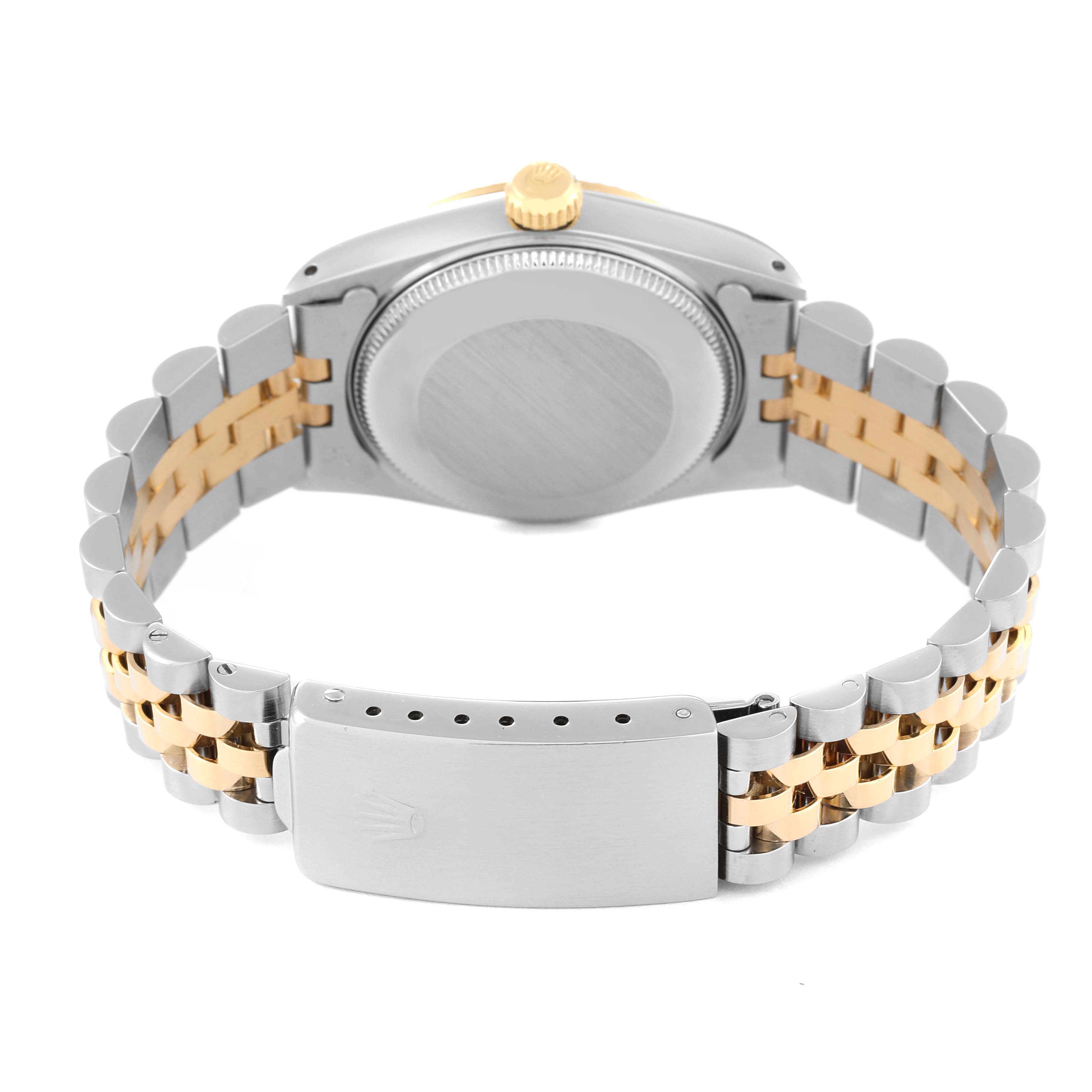 This image shows the back view of a Rolex Mid-Size 68273 Women
s Steel and Gold (two tone) Black Dial 68273 Women
s Steel and Gold (two tone) Black Dial model watch, highlighting the bracelet, clasp, and case back.