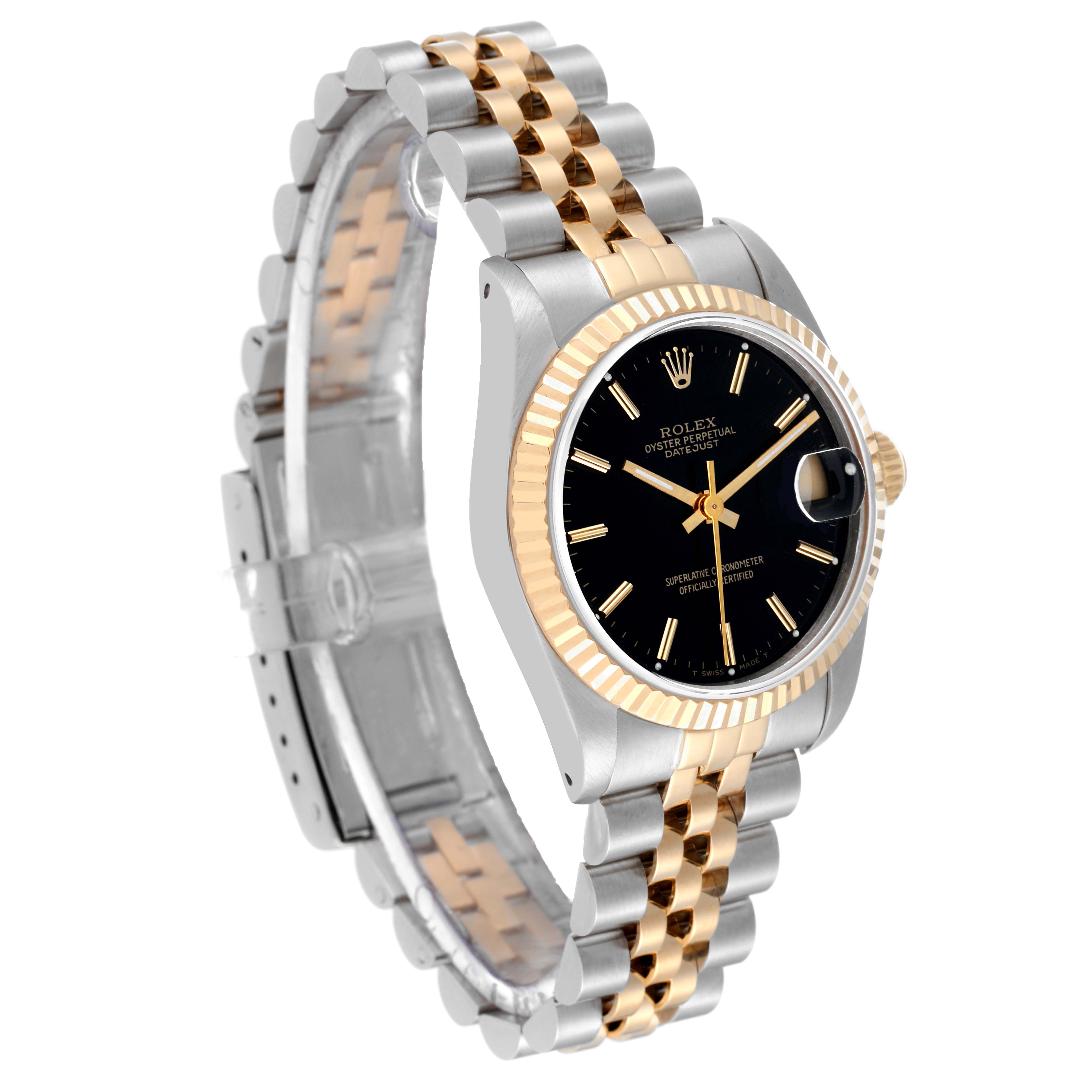 This image shows a side angle of the Rolex Mid-Size 68273 Women
s Steel and Gold (two tone) Black Dial 68273 Women
s Steel and Gold (two tone) Black Dial model watch, highlighting its two-tone bracelet, case, and black dial.