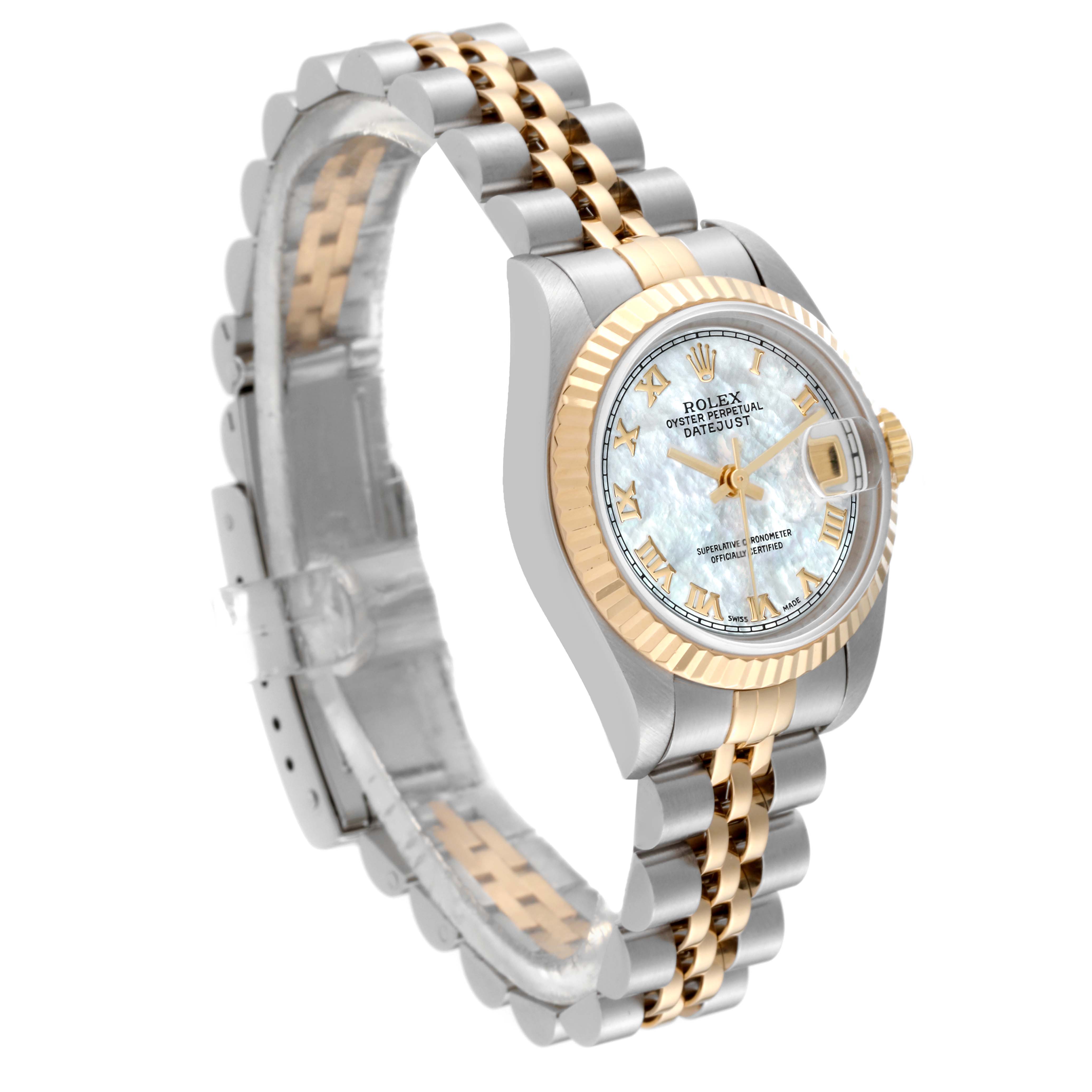 The image shows a Rolex Datejust 69173 Women's Steel and Gold (two tone) Mother of Pearl Dial 69173 Women's Steel and Gold (two tone) Mother of Pearl Dial watch at a slight angle, displaying the face, bezel, and two-tone bracelet.