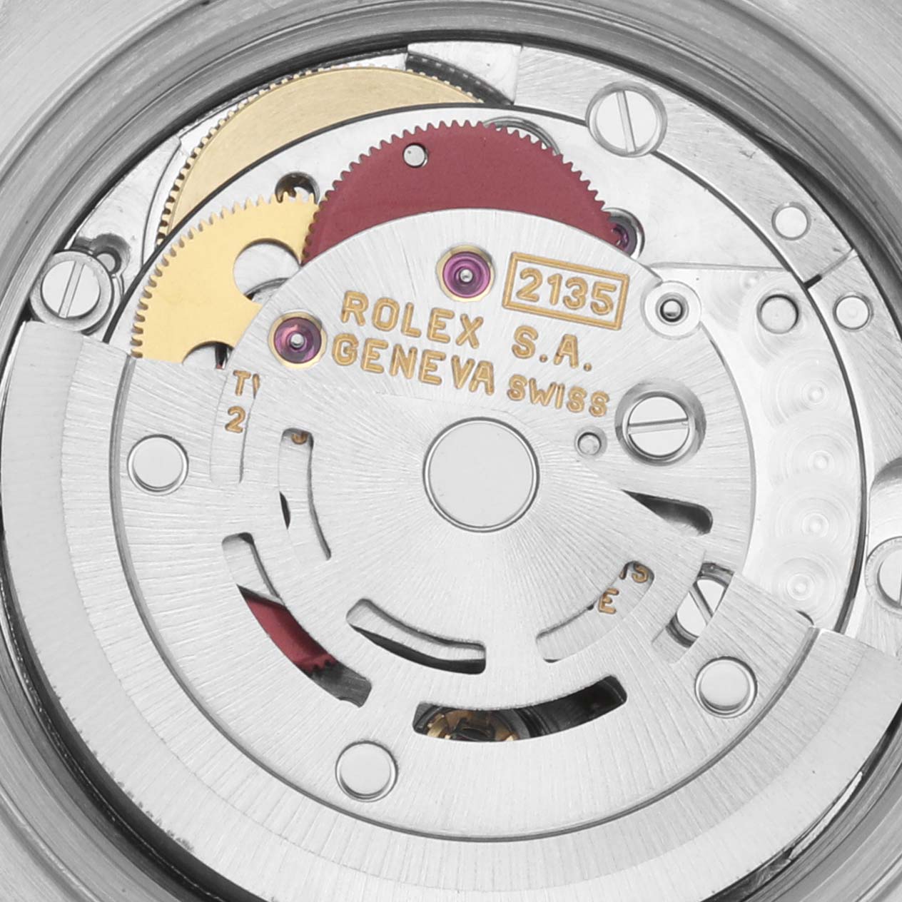This image shows the inner mechanical movement of a Rolex Datejust 69173 Women's Steel and Gold (two tone) Mother of Pearl Dial 69173 Women's Steel and Gold (two tone) Mother of Pearl Dial watch, viewed from the back.
