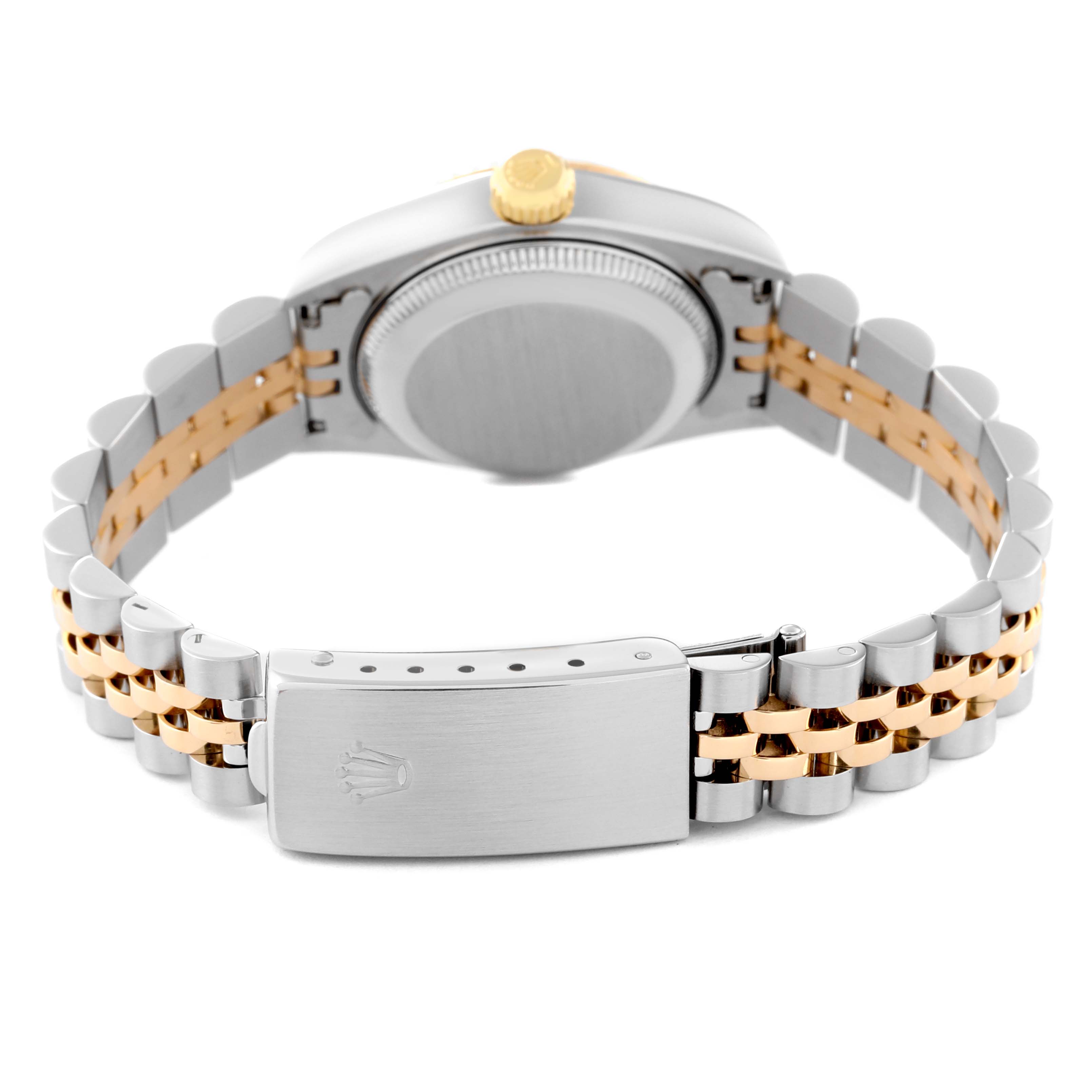 This image shows the back view of a Rolex Datejust 69173 Women's Steel and Gold (two tone) Mother of Pearl Dial 69173 Women's Steel and Gold (two tone) Mother of Pearl Dial watch, highlighting the case back, bracelet, and clasp.