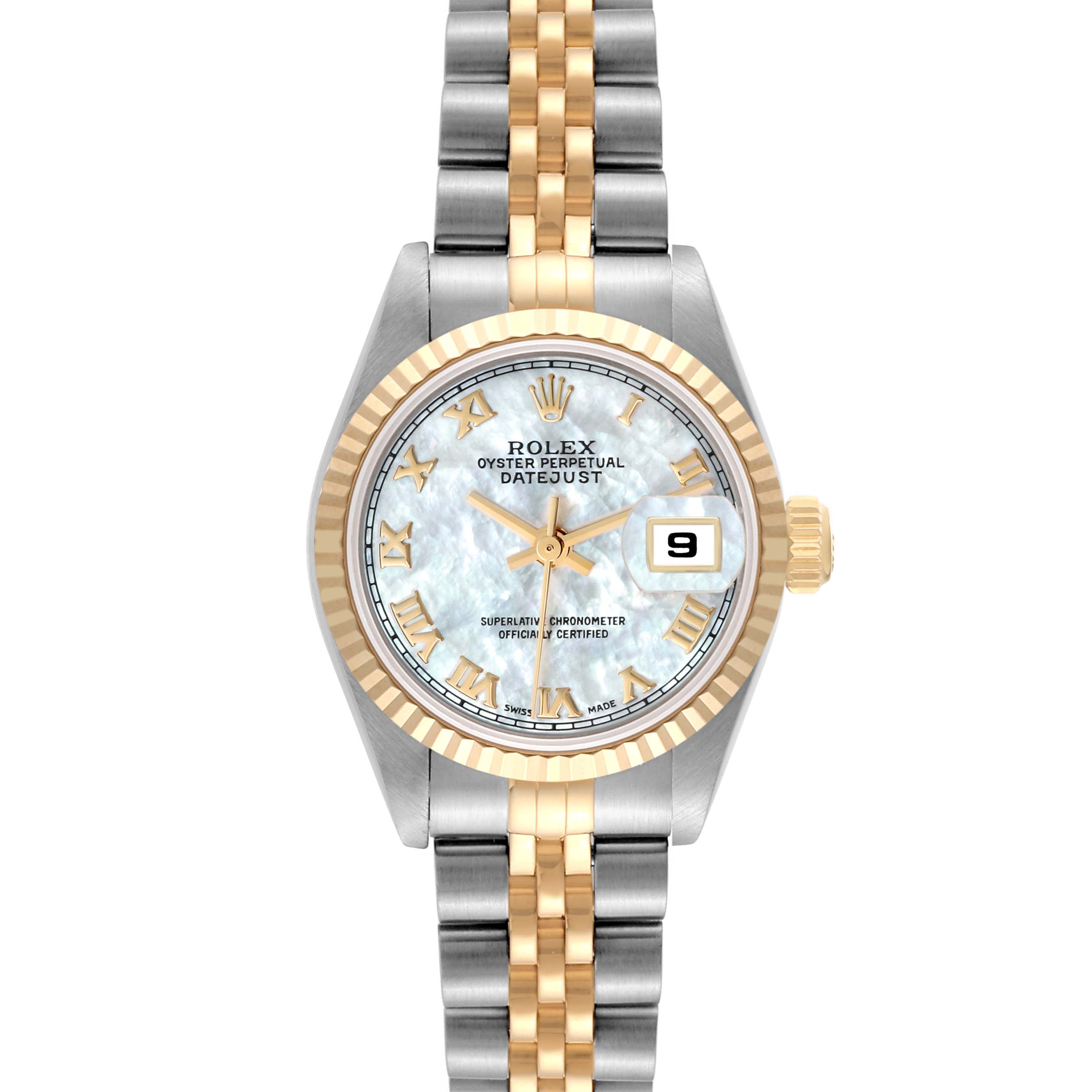 The image shows a Rolex Datejust 69173 Women's Steel and Gold (two tone) Mother of Pearl Dial 69173 Women's Steel and Gold (two tone) Mother of Pearl Dial watch from a front angle, displaying its dial, bezel, and bracelet.