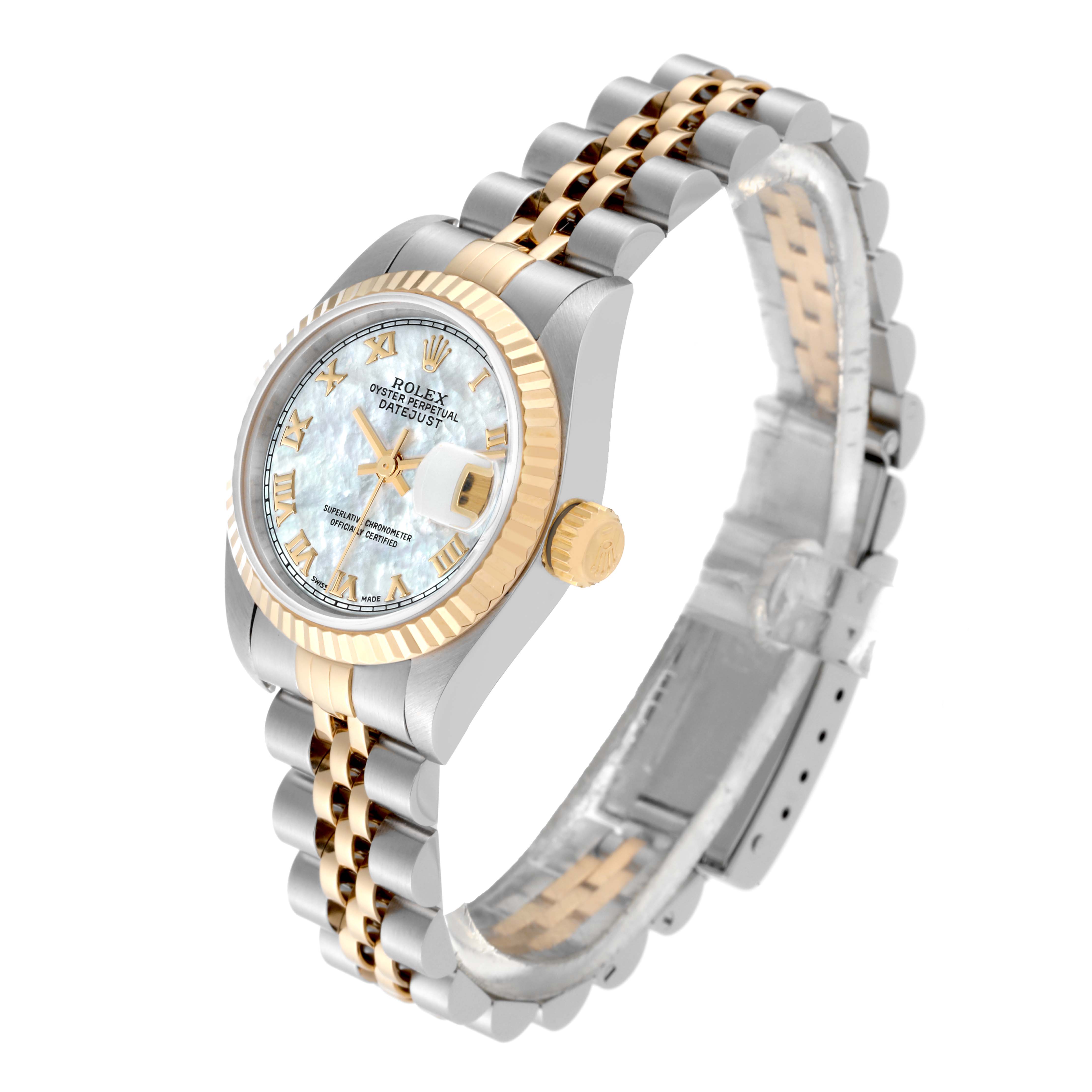 The image shows a Rolex Datejust 69173 Women's Steel and Gold (two tone) Mother of Pearl Dial 69173 Women's Steel and Gold (two tone) Mother of Pearl Dial watch at a slight angle, highlighting its face, case, crown, and two-tone bracelet.
