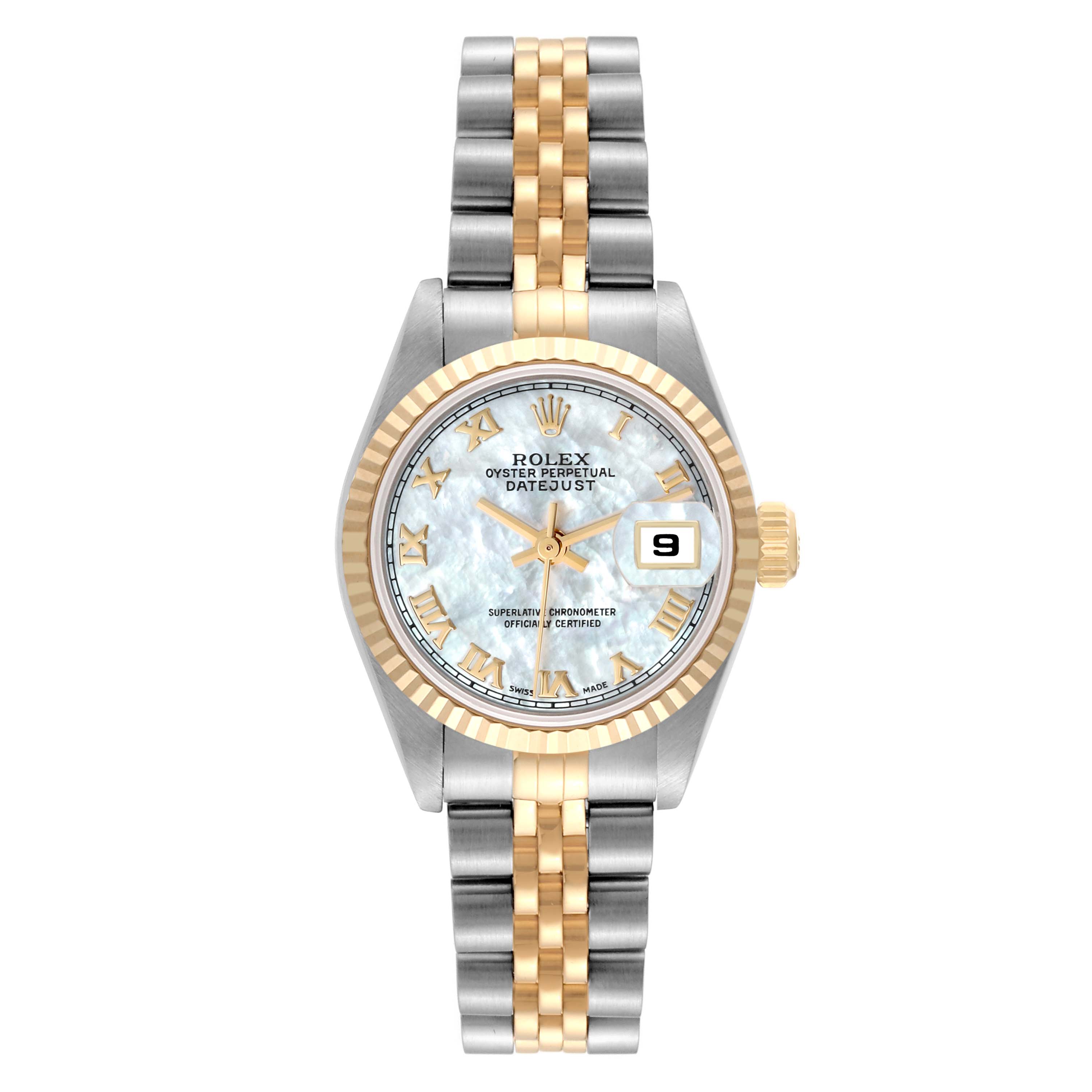 The image shows the front view of a Rolex Datejust 69173 Women's Steel and Gold (two tone) Mother of Pearl Dial 69173 Women's Steel and Gold (two tone) Mother of Pearl Dial watch, highlighting its dial, bezel, and two-tone bracelet.