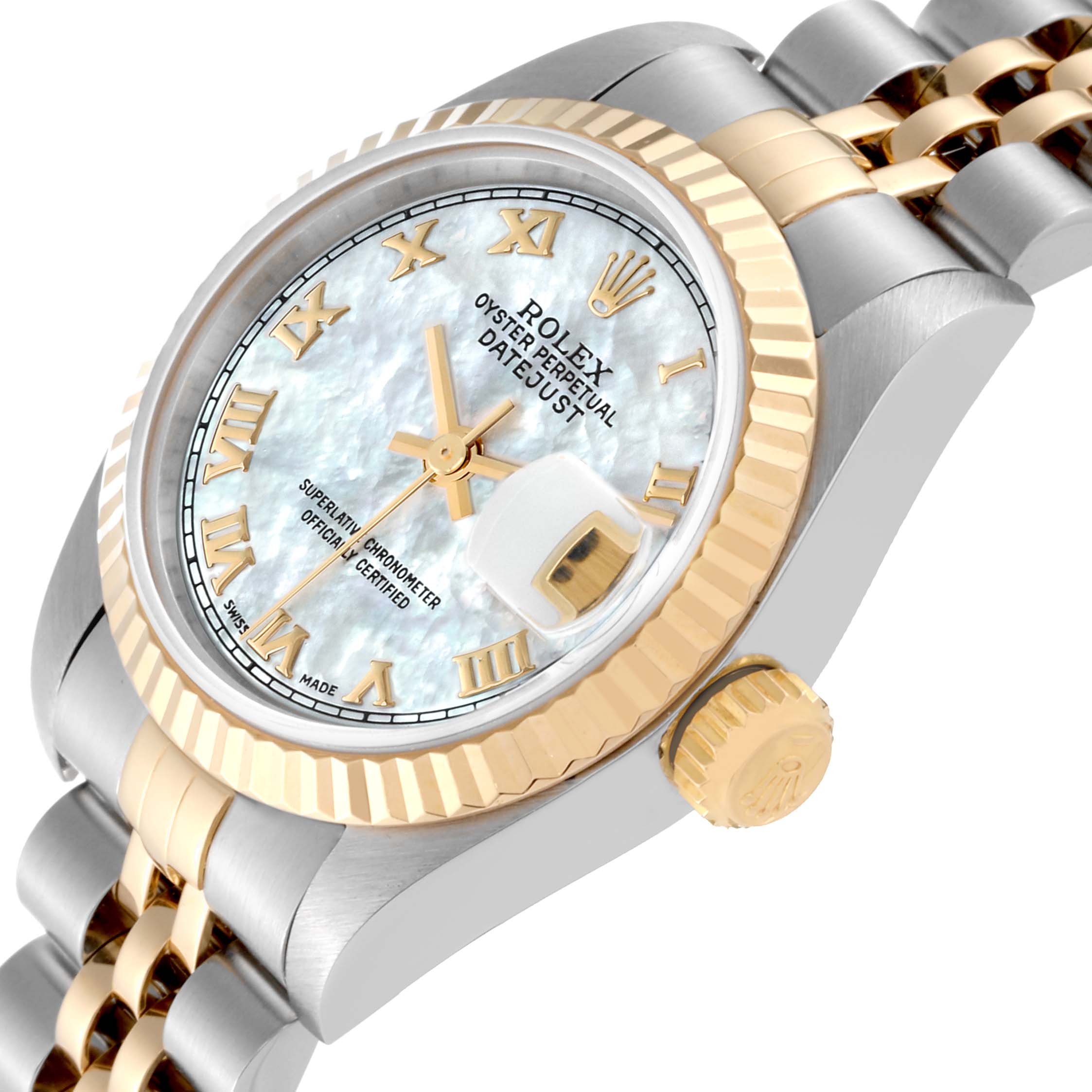The Rolex Datejust 69173 Women's Steel and Gold (two tone) Mother of Pearl Dial 69173 Women's Steel and Gold (two tone) Mother of Pearl Dial's face, crown, bezel, and part of the bracelet are shown from a slight side angle.