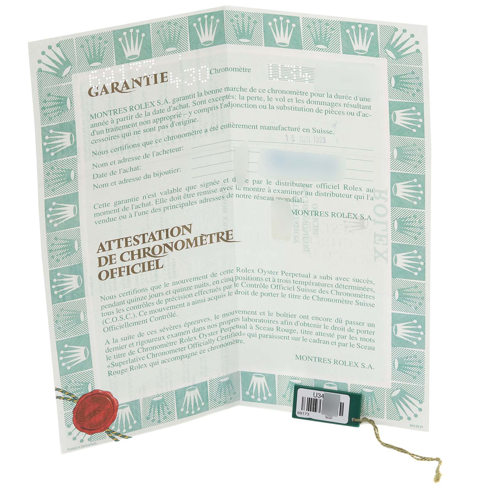 This image shows the certificate and warranty booklet for the Rolex Datejust 69173 Women's Steel and Gold (two tone) Mother of Pearl Dial 69173 Women's Steel and Gold (two tone) Mother of Pearl Dial model.