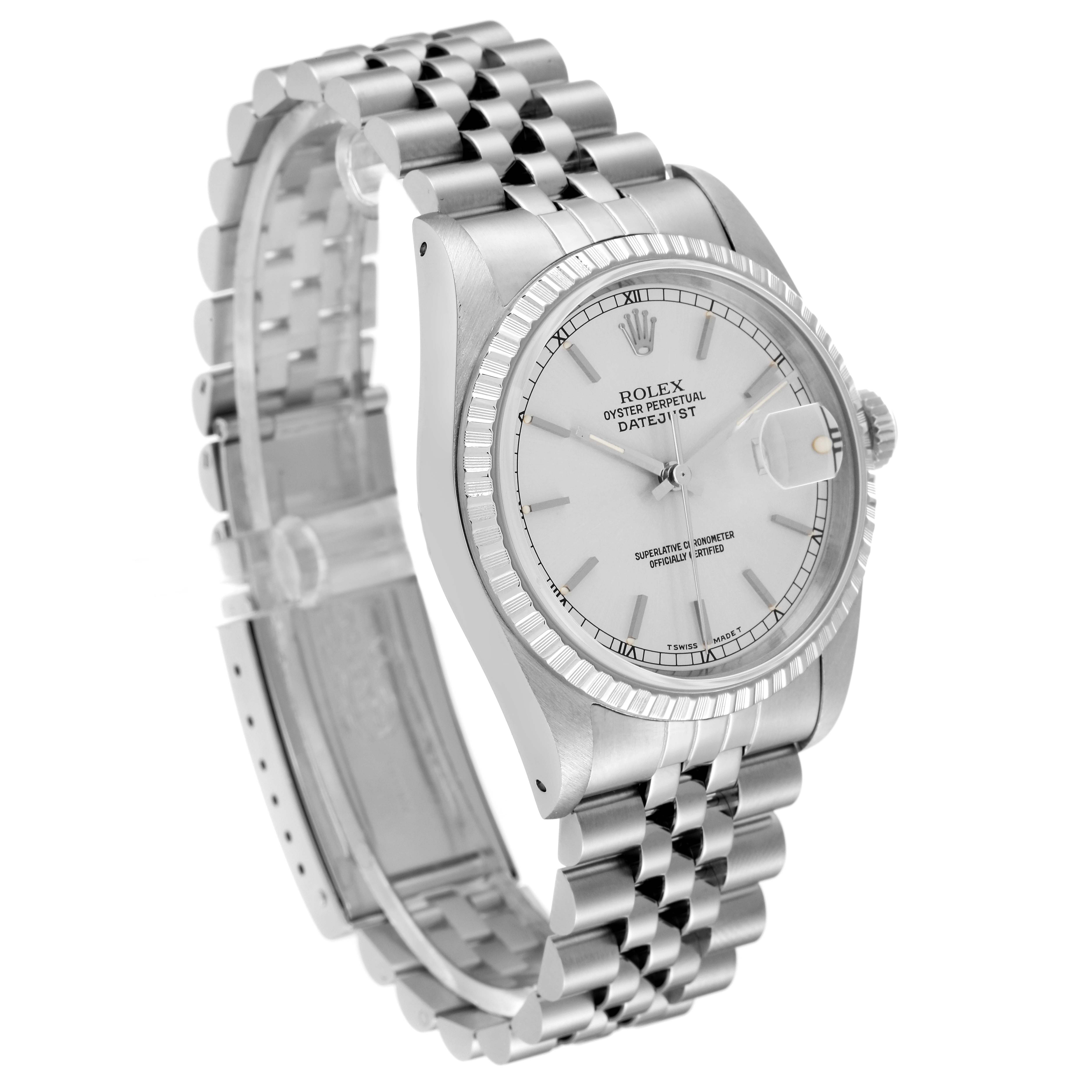 The Rolex Datejust 16220 Men's Stainless Steel Silver Dial 16220 Men's Stainless Steel Silver Dial watch is shown at a left side angle, featuring the dial, bezel, crown, and bracelet.