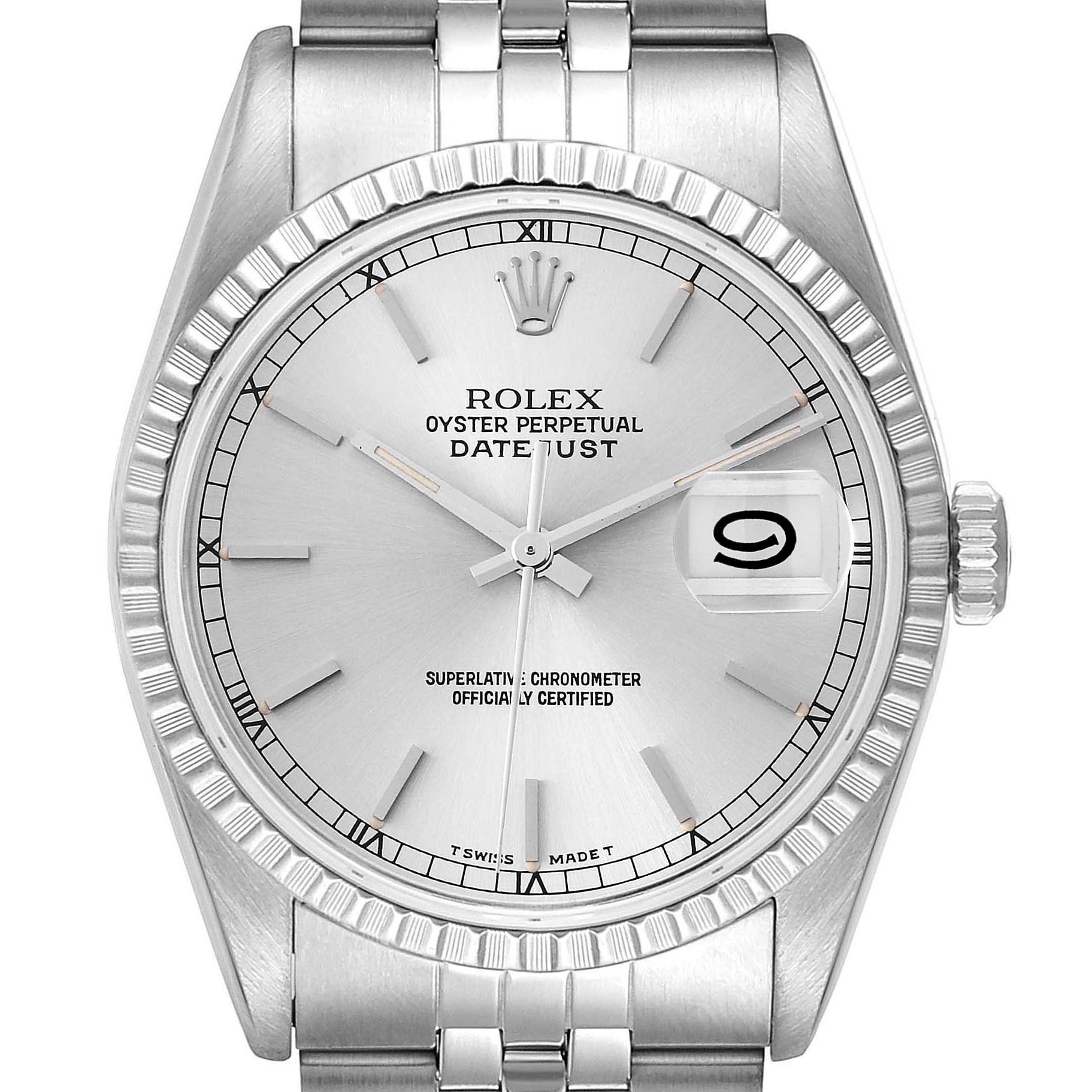 This image shows a front view of the Rolex Datejust 16220 Men's Stainless Steel Silver Dial 16220 Men's Stainless Steel Silver Dial watch, highlighting the face, dial, bezel, and part of the bracelet.