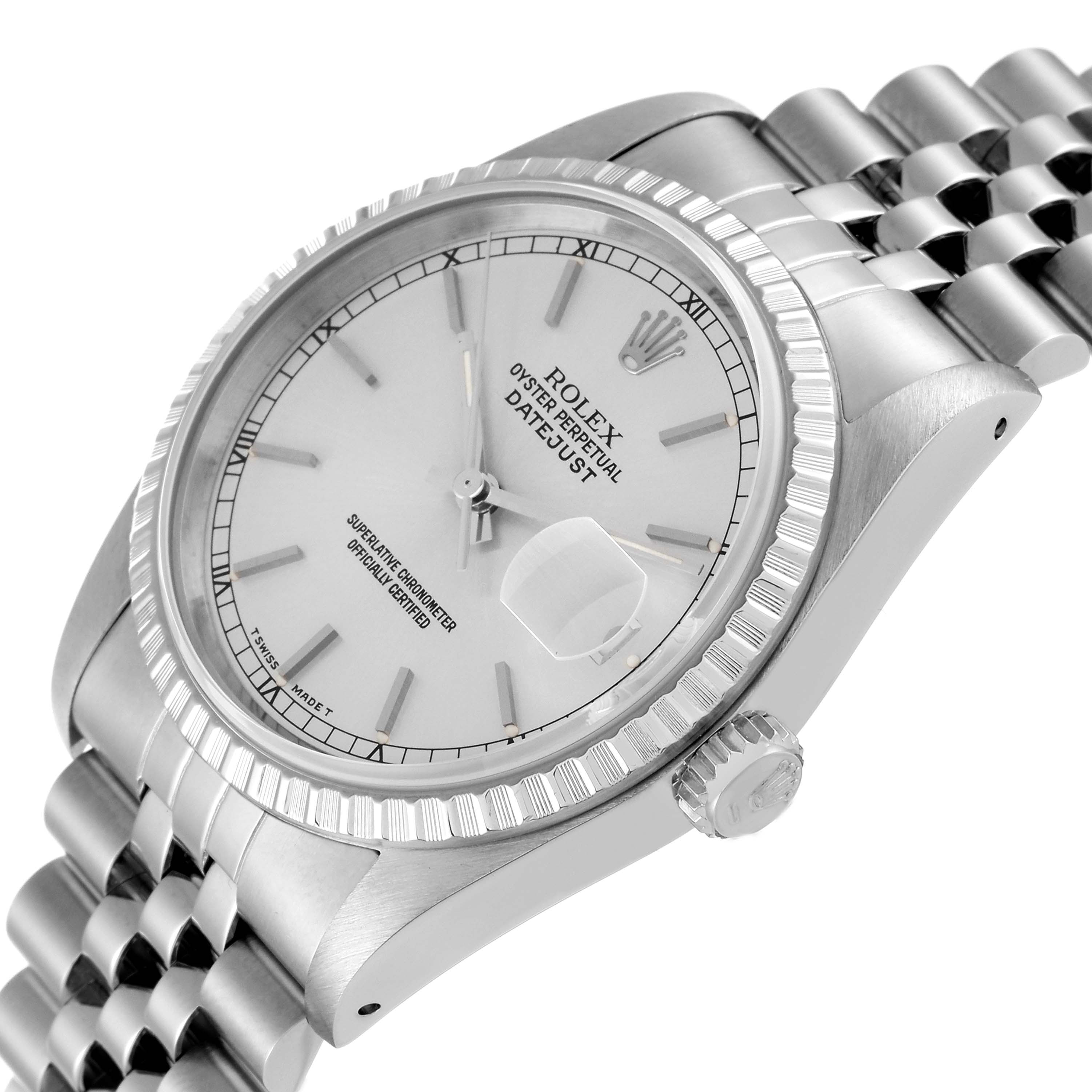 This image shows a Rolex Datejust 16220 Men's Stainless Steel Silver Dial 16220 Men's Stainless Steel Silver Dial watch at a slight angle, highlighting its dial, bezel, crown, and bracelet.