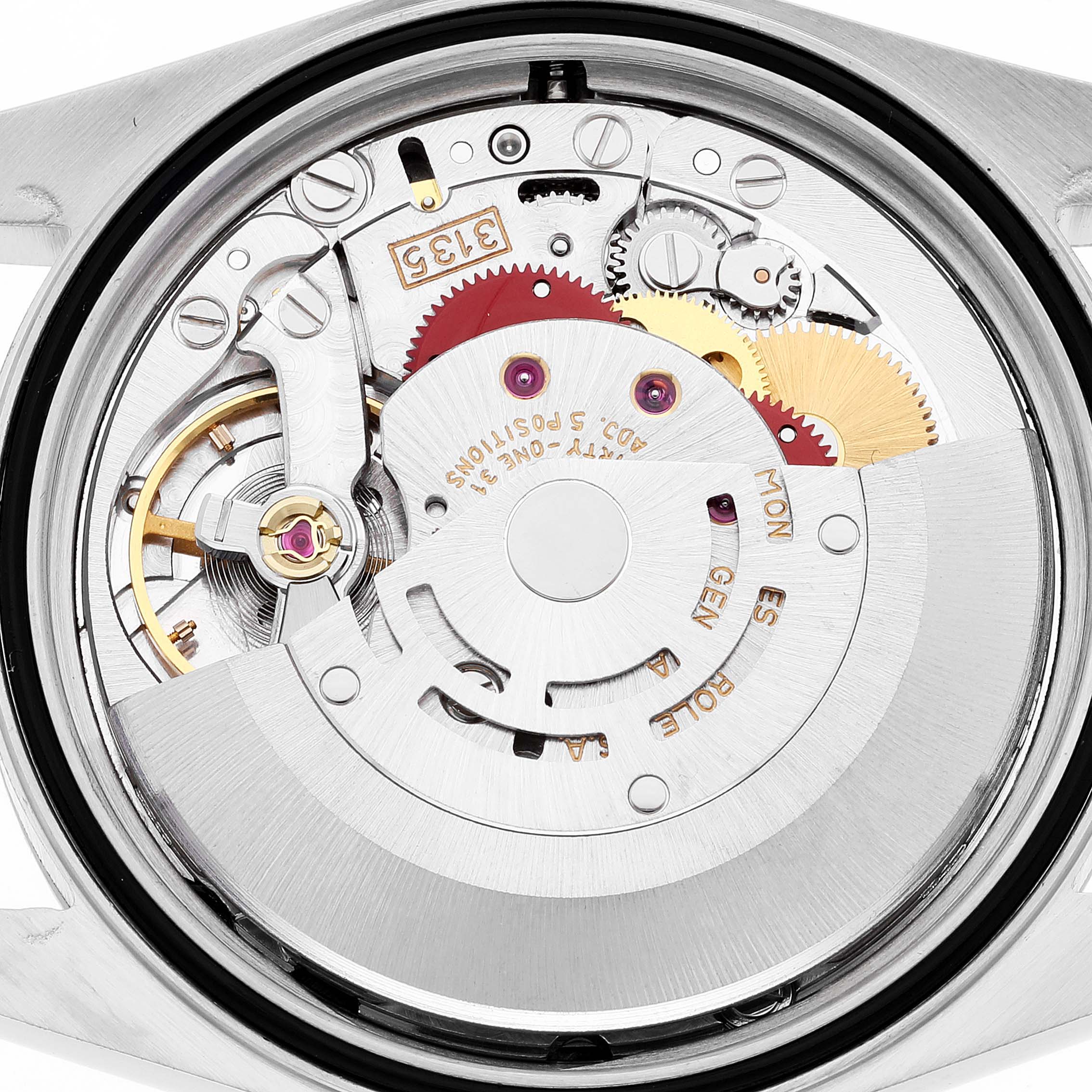 This image shows the intricate internal mechanism of a Rolex Datejust 16220 Men's Stainless Steel Silver Dial 16220 Men's Stainless Steel Silver Dial watch viewed from the back.