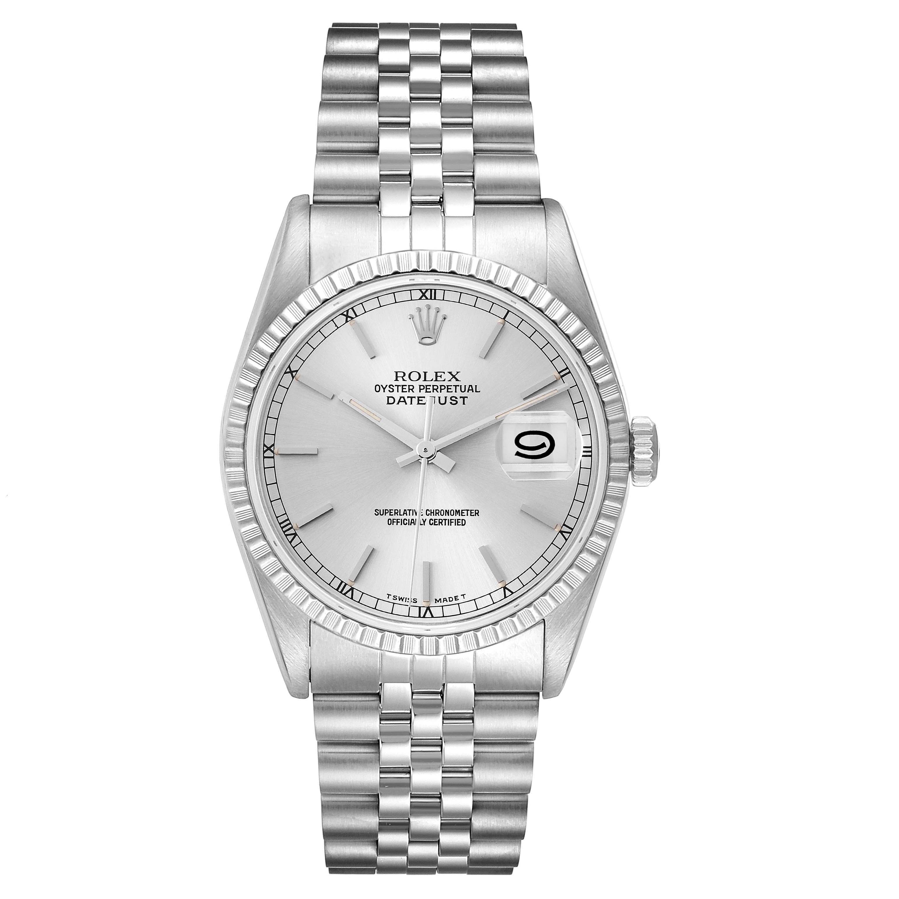 This image shows a frontal view of the Rolex Datejust 16220 Men's Stainless Steel Silver Dial 16220 Men's Stainless Steel Silver Dial watch model, displaying the dial, bezel, bracelet, and crown.