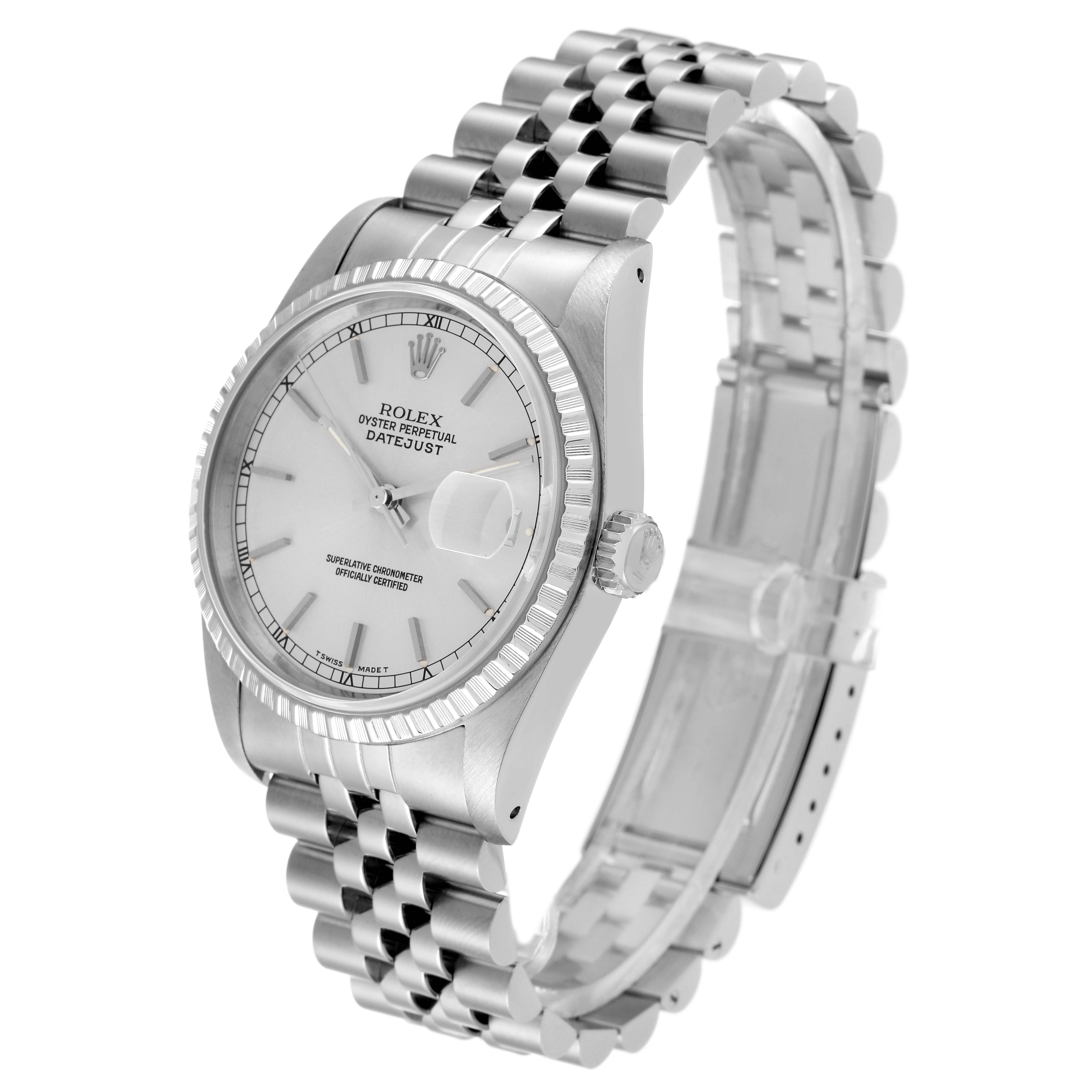 The Rolex Datejust 16220 Men's Stainless Steel Silver Dial 16220 Men's Stainless Steel Silver Dial watch is shown from a three-quarter angle, highlighting its face, bezel, crown, and Jubilee bracelet.