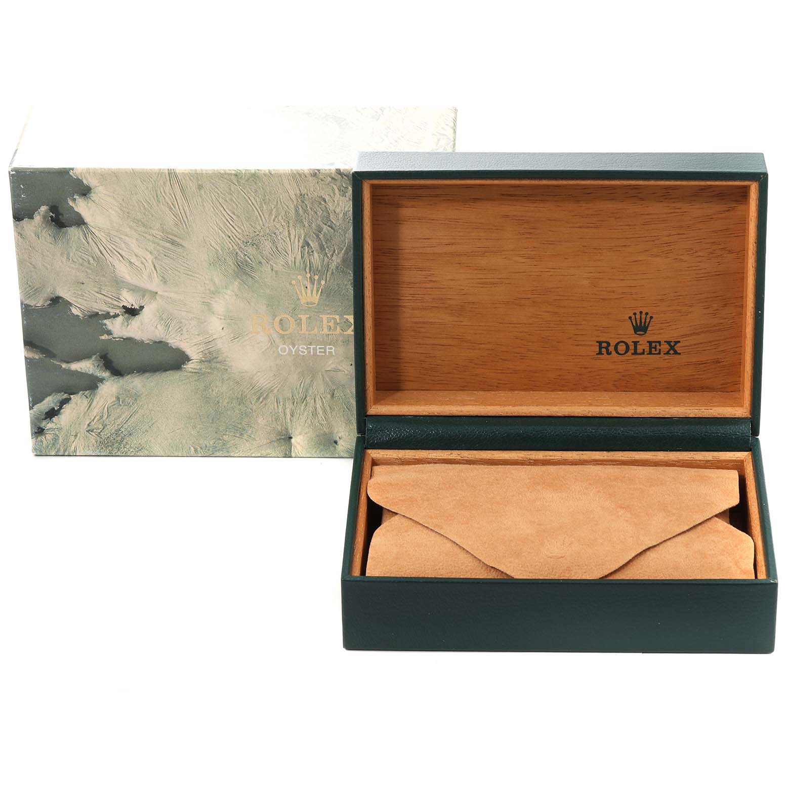 The image shows a Rolex Datejust 16220 Men's Stainless Steel Silver Dial 16220 Men's Stainless Steel Silver Dial watch box and cover, with the box open to reveal the interior and a protective suede pouch.