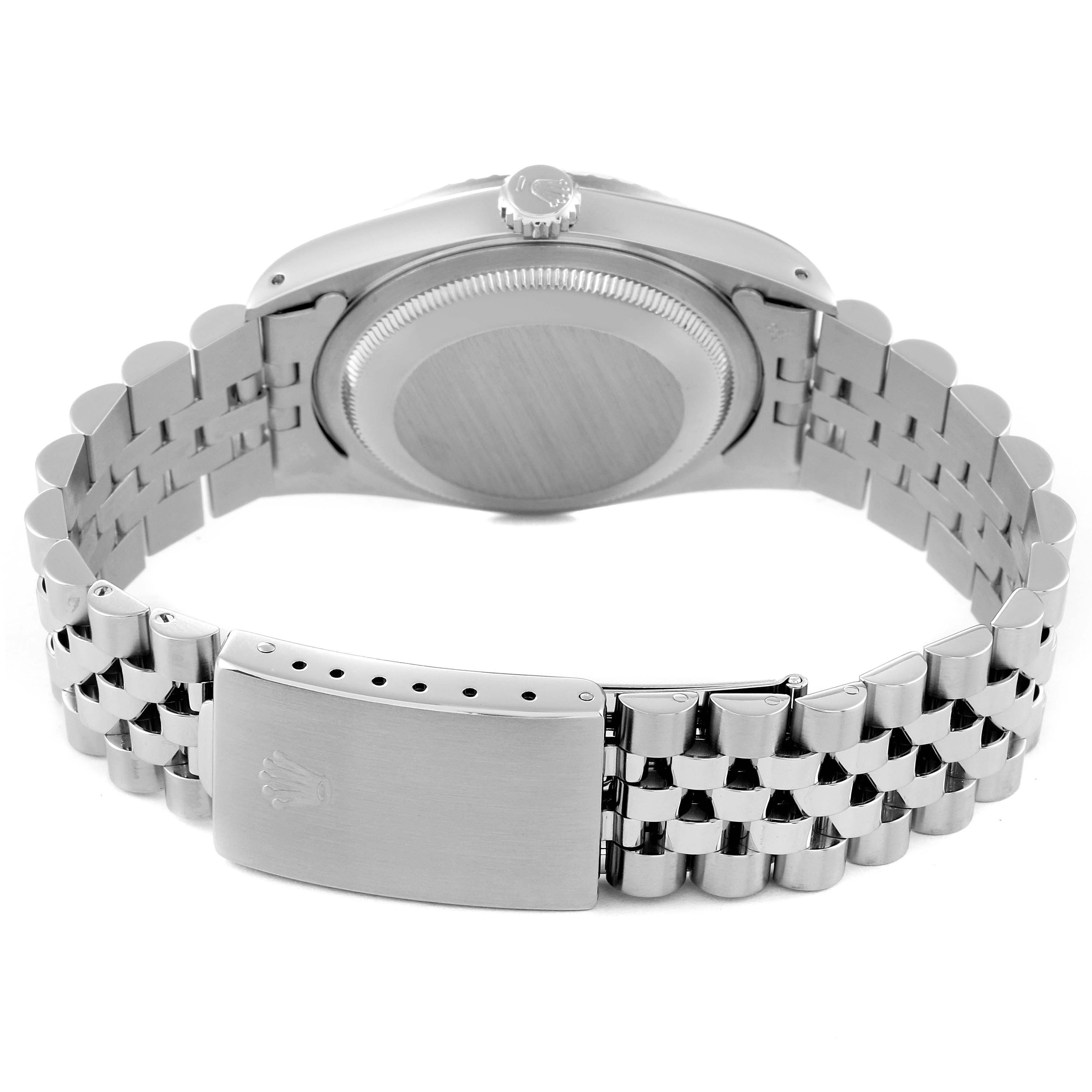 This image shows the back view of a Rolex Datejust 16220 Men's Stainless Steel Silver Dial 16220 Men's Stainless Steel Silver Dial watch, highlighting the case, crown, bracelet, and clasp.