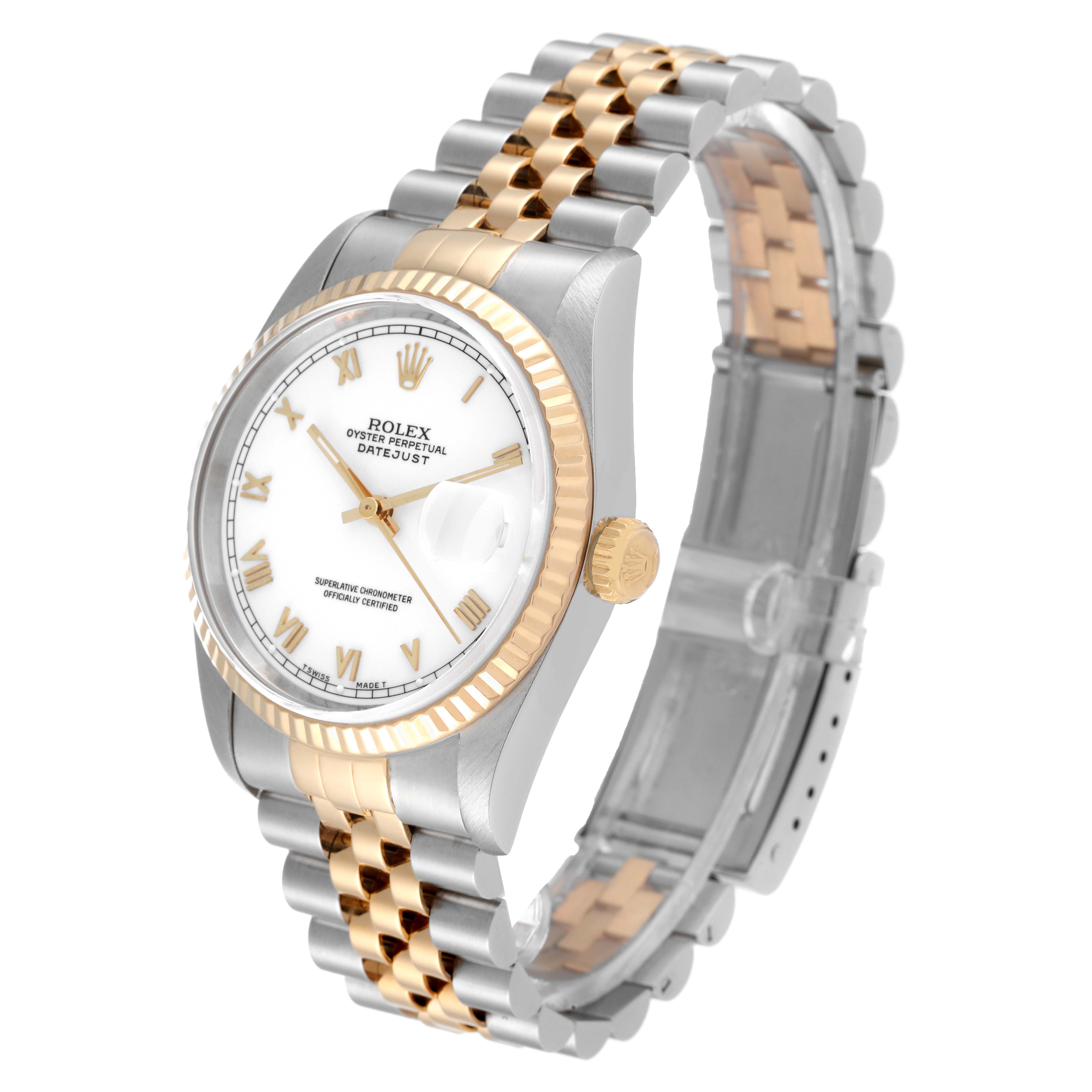 This Rolex Datejust 16233 Men's Steel and Gold (two tone) White Dial 16233 Men's Steel and Gold (two tone) White Dial watch is shown at a three-quarter view, highlighting the face, bezel, crown, and Jubilee bracelet.