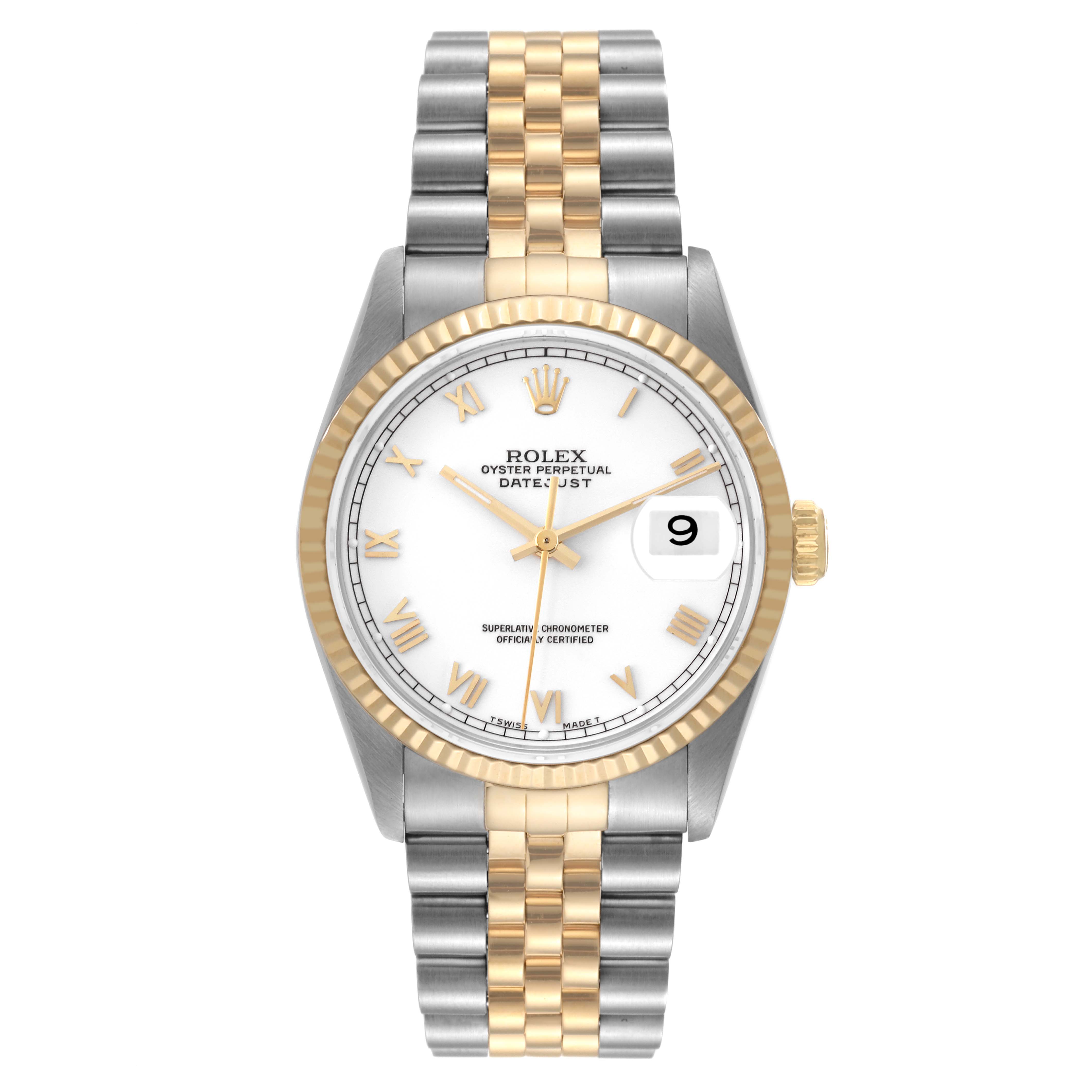 The Rolex Datejust 16233 Men's Steel and Gold (two tone) White Dial 16233 Men's Steel and Gold (two tone) White Dial watch is shown from a front angle, featuring its two-tone bracelet, fluted bezel, and white dial with Roman numerals.