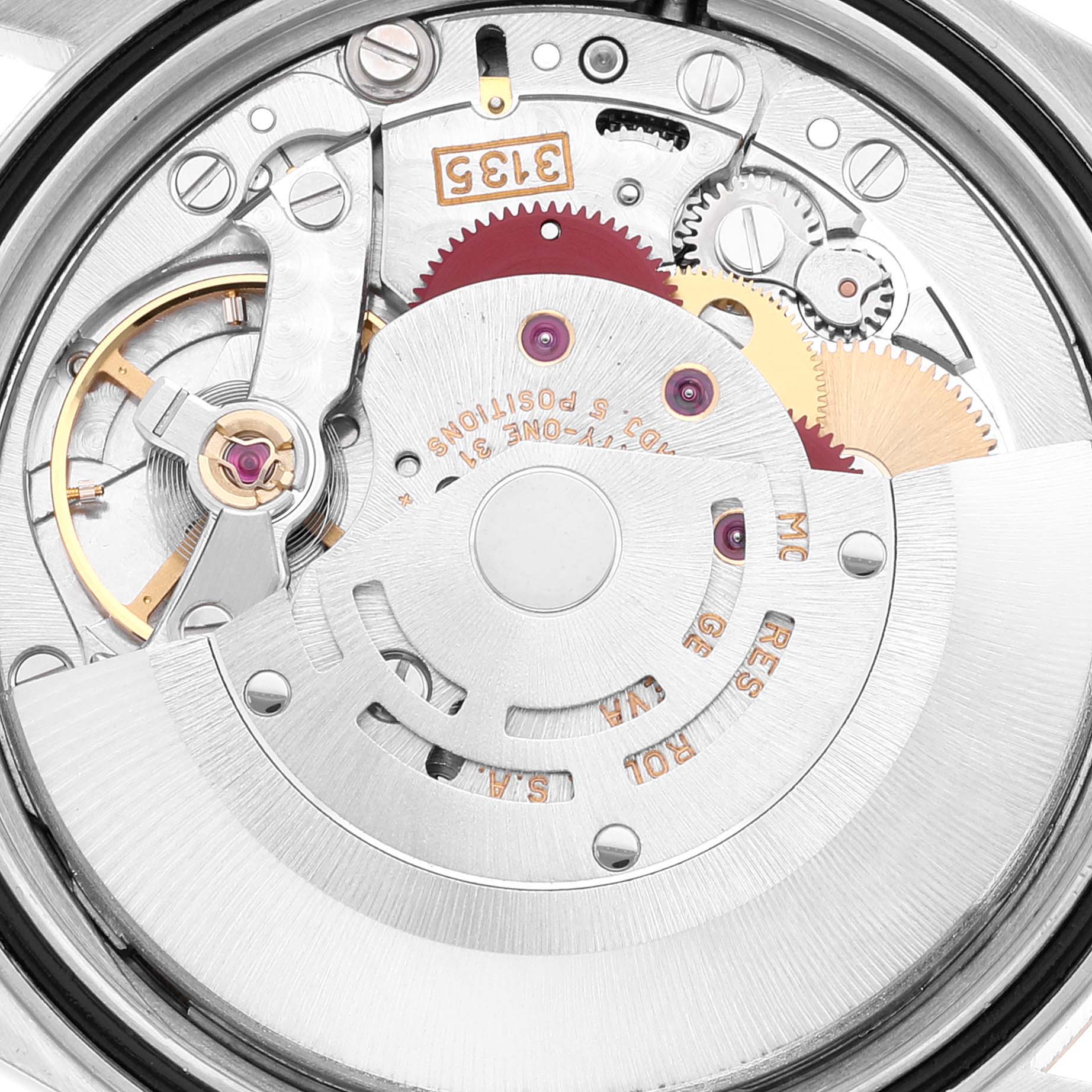 This is a close-up view of the internal movement mechanism of a Rolex Datejust 16233 Men's Steel and Gold (two tone) White Dial 16233 Men's Steel and Gold (two tone) White Dial watch.